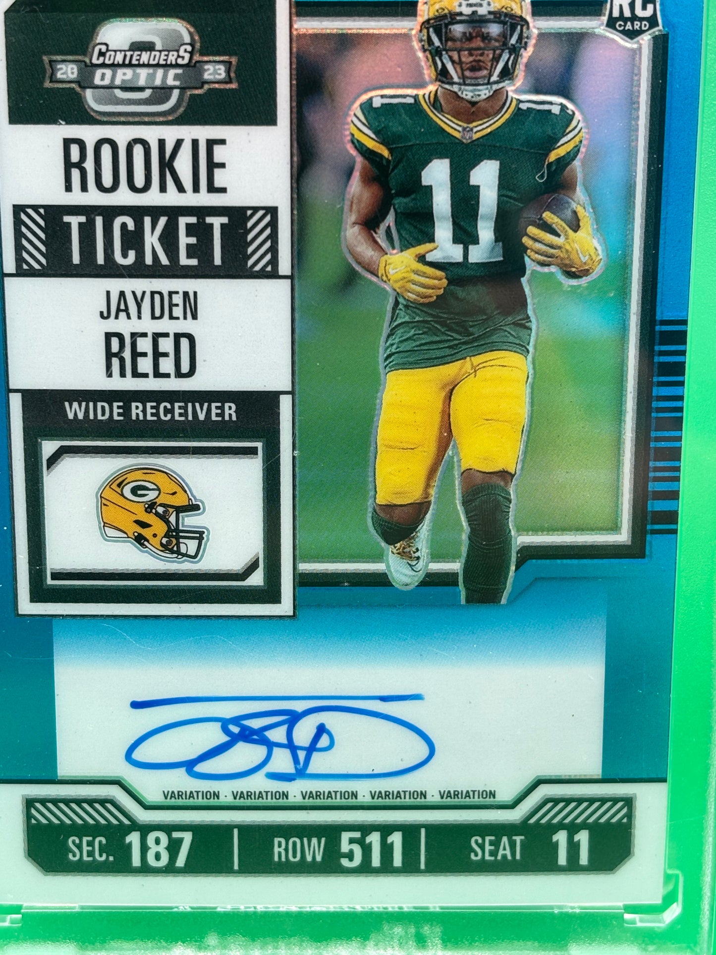 2023 Panini Contenders Optic Jayden Reed Rookie Ticket Auto Blue #41/75 On-Card