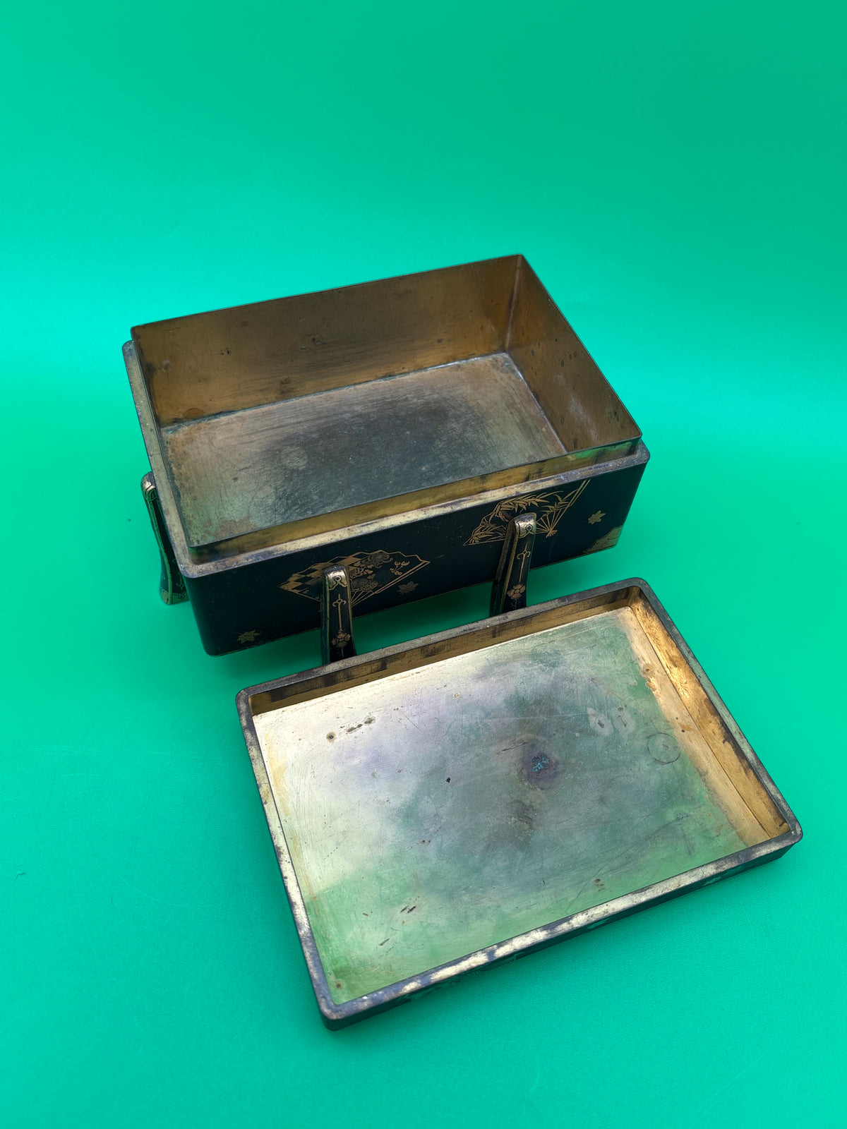 Antique Japanese Fujii Damascene Footed Cigarette Box Mt Fuji Mark Gold Inlay c1930