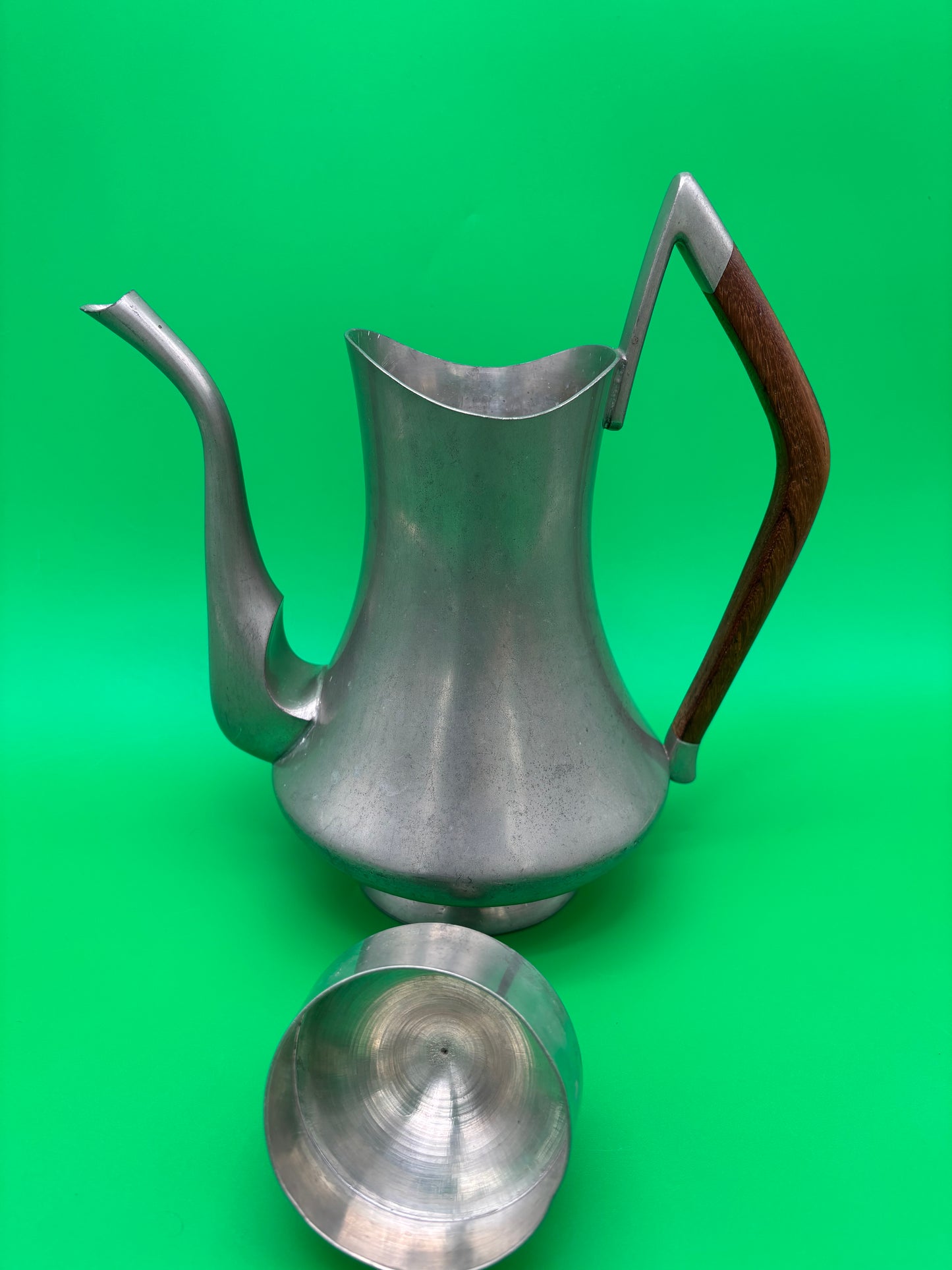 Vintage MCM Pewter Coffee Pot Wood Handle Danish Modern Style 1960s Wasundja