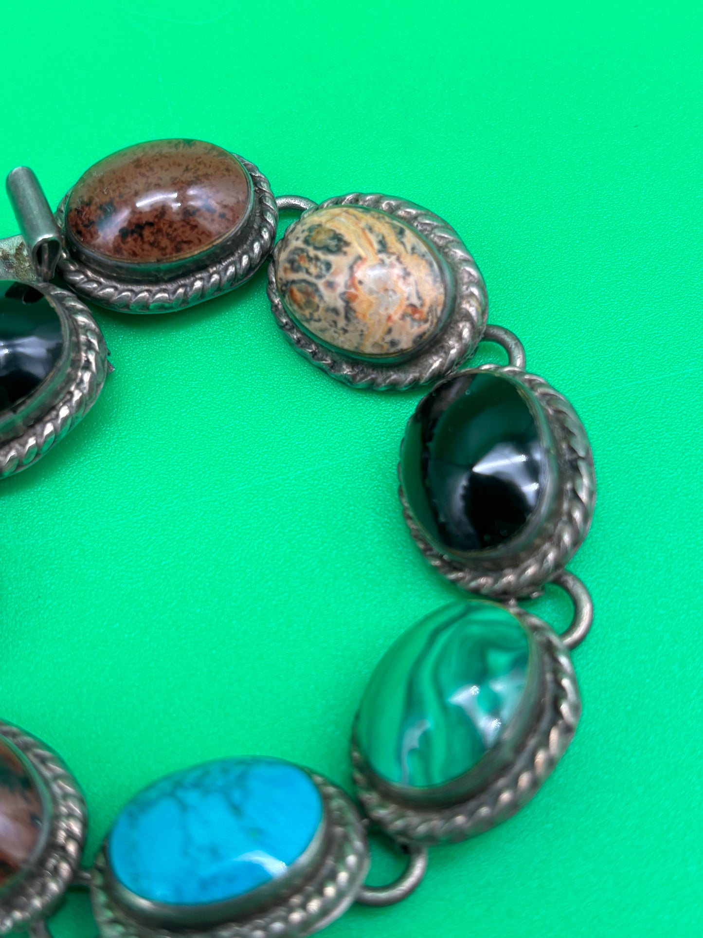 Vintage Taxco Mexico Sterling Silver Multi Stone Bracelet 925 TA-95 58g