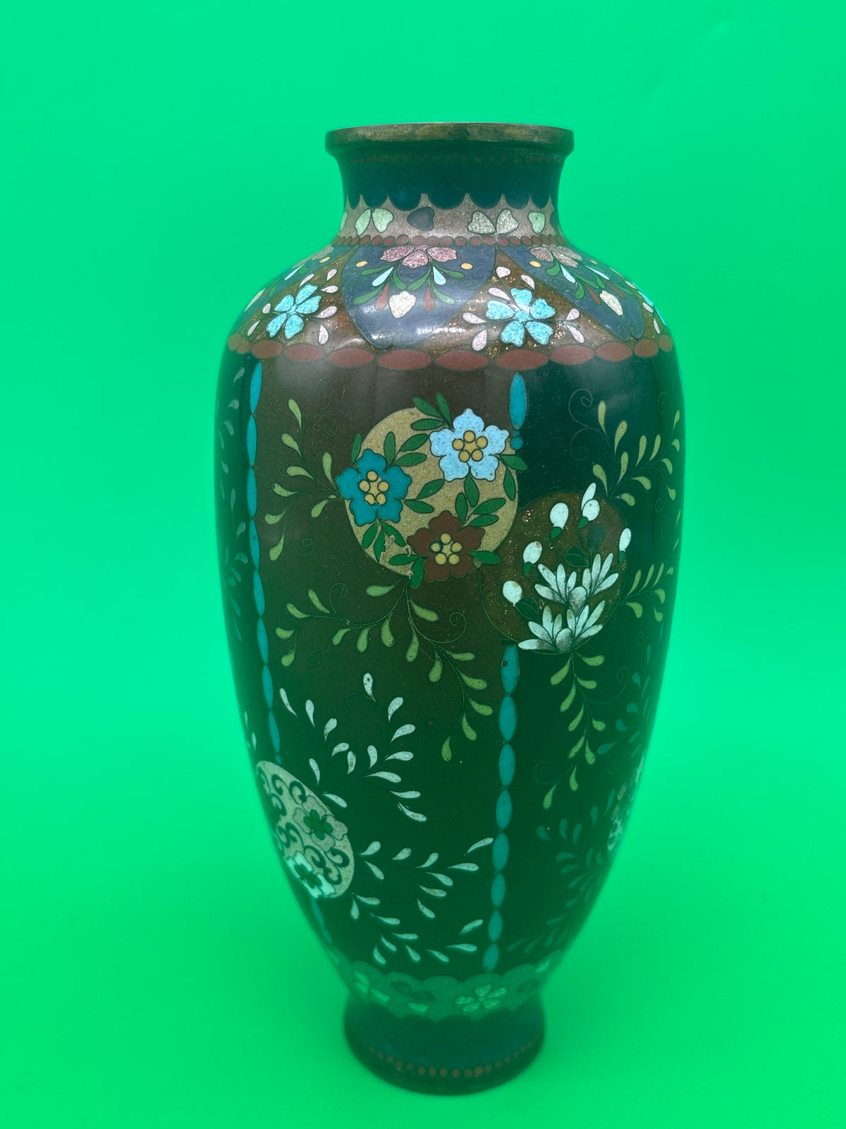 Antique Japanese Cloisonne Vase Meiji Floral Enamel Brown Ground 8” Unmarked
