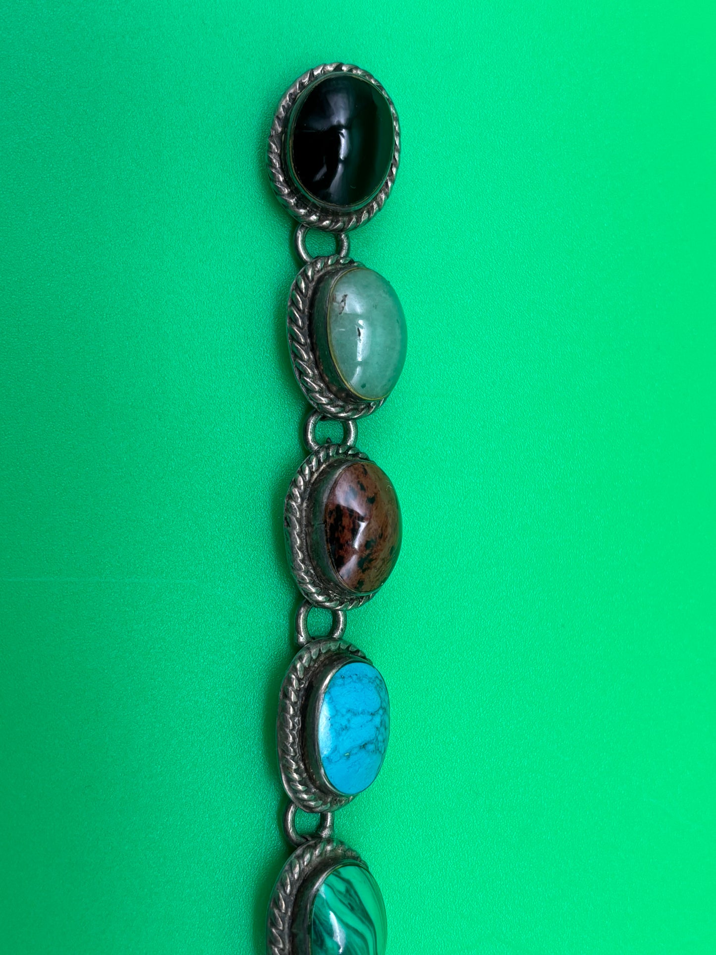 Vintage Taxco Mexico Sterling Silver Multi Stone Bracelet 925 TA-95 58g