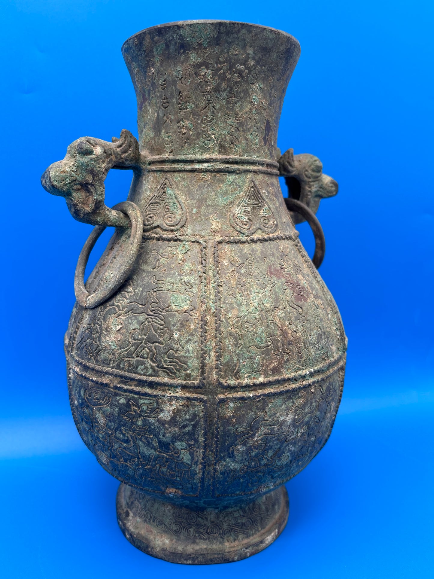 Chinese Archaistic Bronze Hu Vase Elephant Head Ring Handles Figural 11”