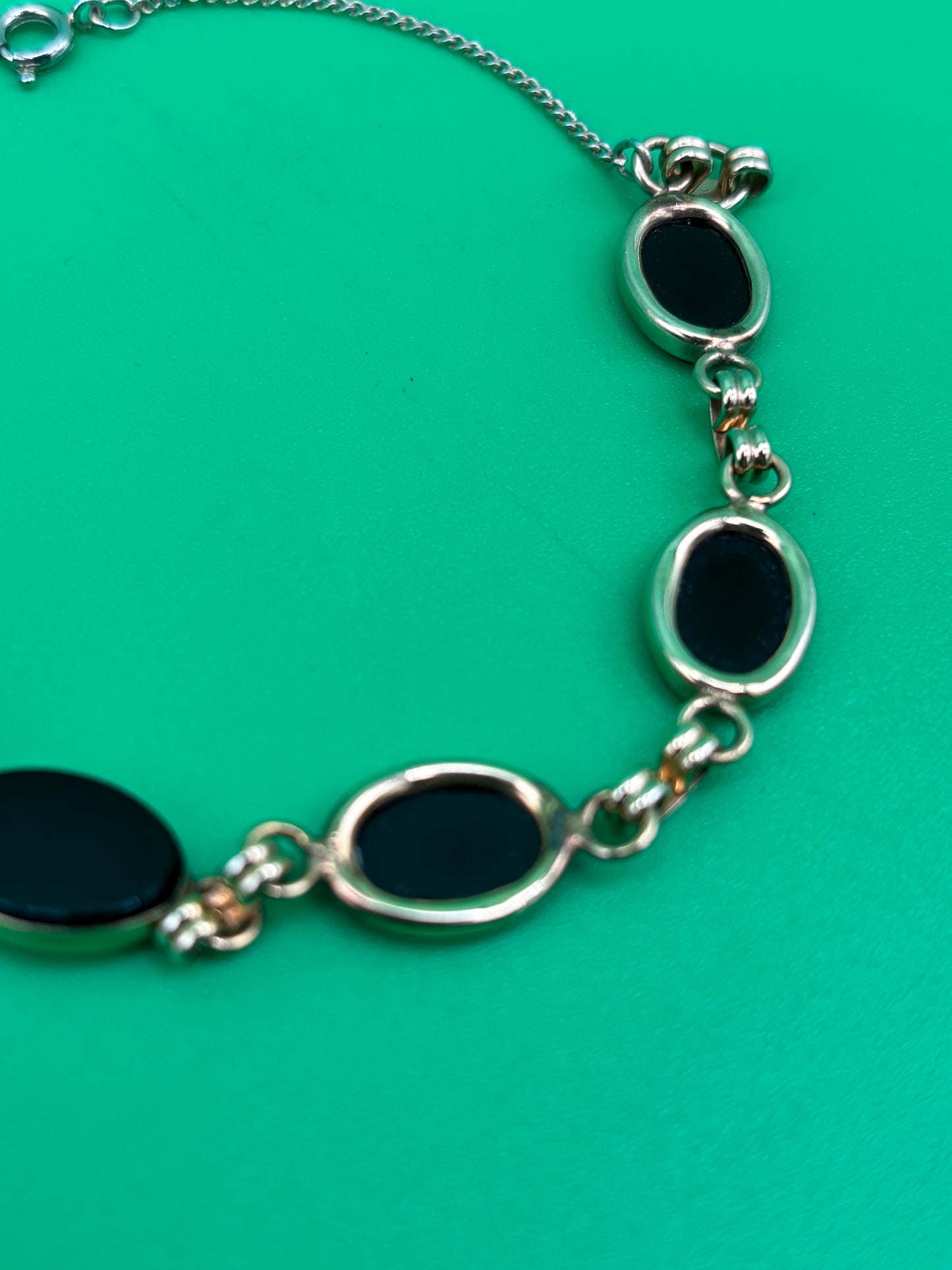 Art Deco 1/20 12K Gold Filled Black Onyx Oval Cabochon Link Bracelet 7”