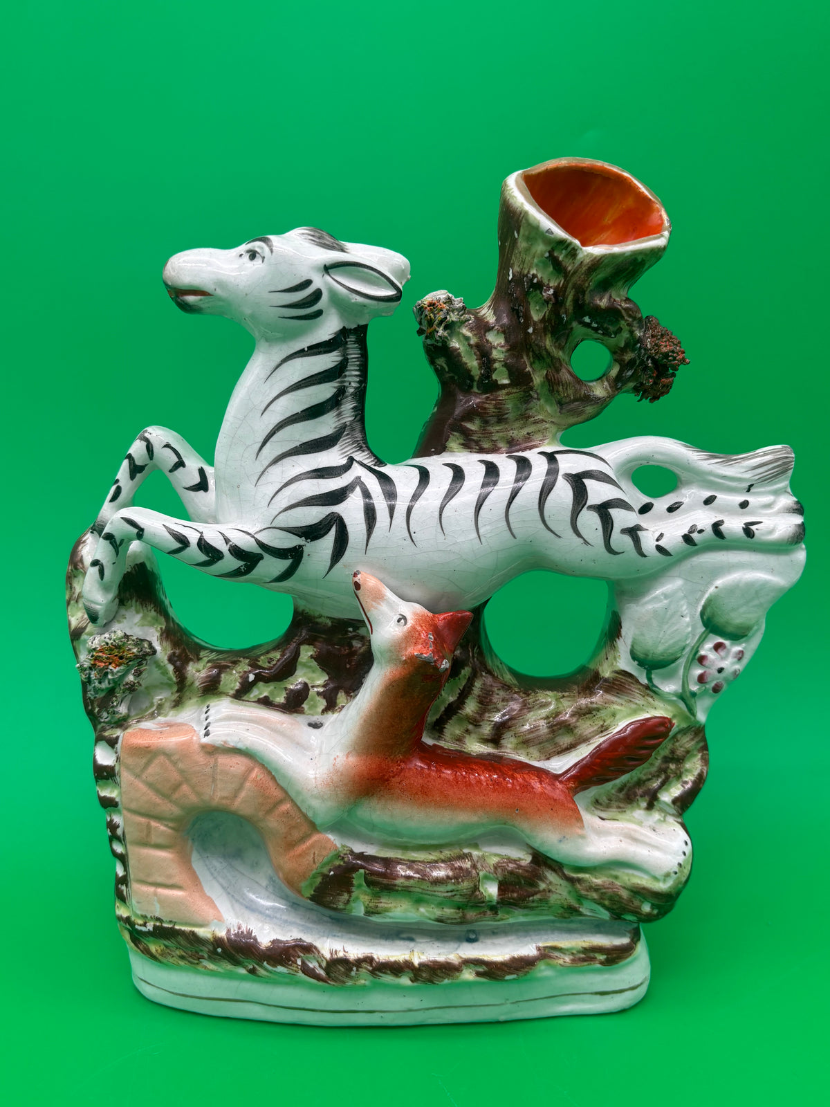 Antique Staffordshire Zebra Fox Spill Vase Victorian c1860 Pottery 8”
