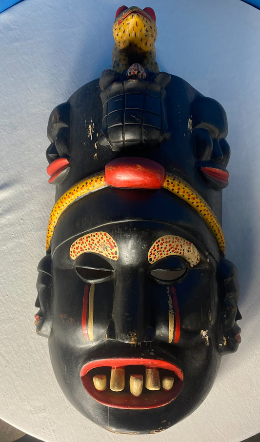 Vintage Hand-Carved African Style Painted Tribal Mask Multi-Face Wall Decor
