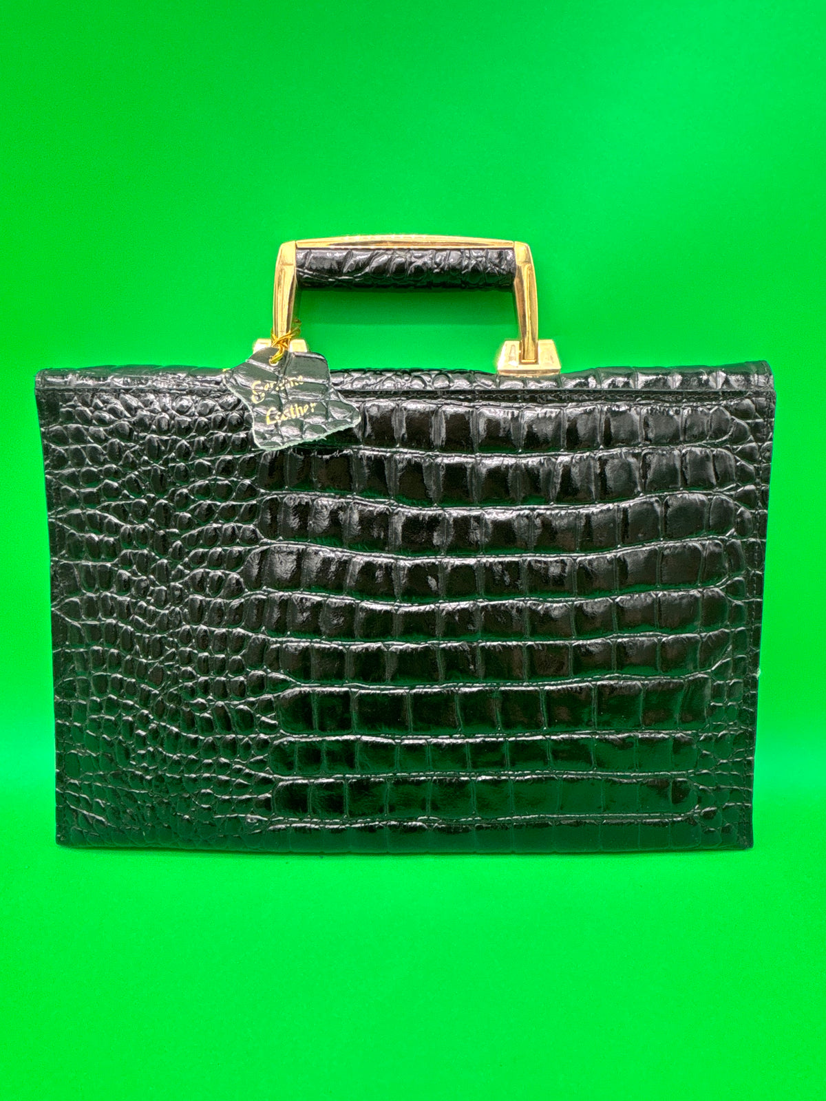Vintage Vivage Black Croc Embossed Leather Briefcase Satchel Gold Hardware Key