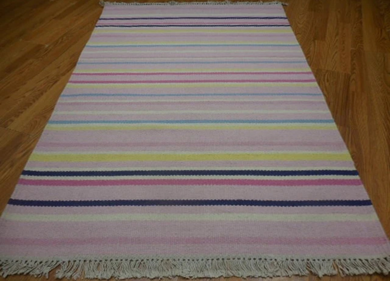 Vintage Handwoven Pastel Striped Flat Weave Rug Fringe Cottage Farmhouse Boho 6ft x 4ft