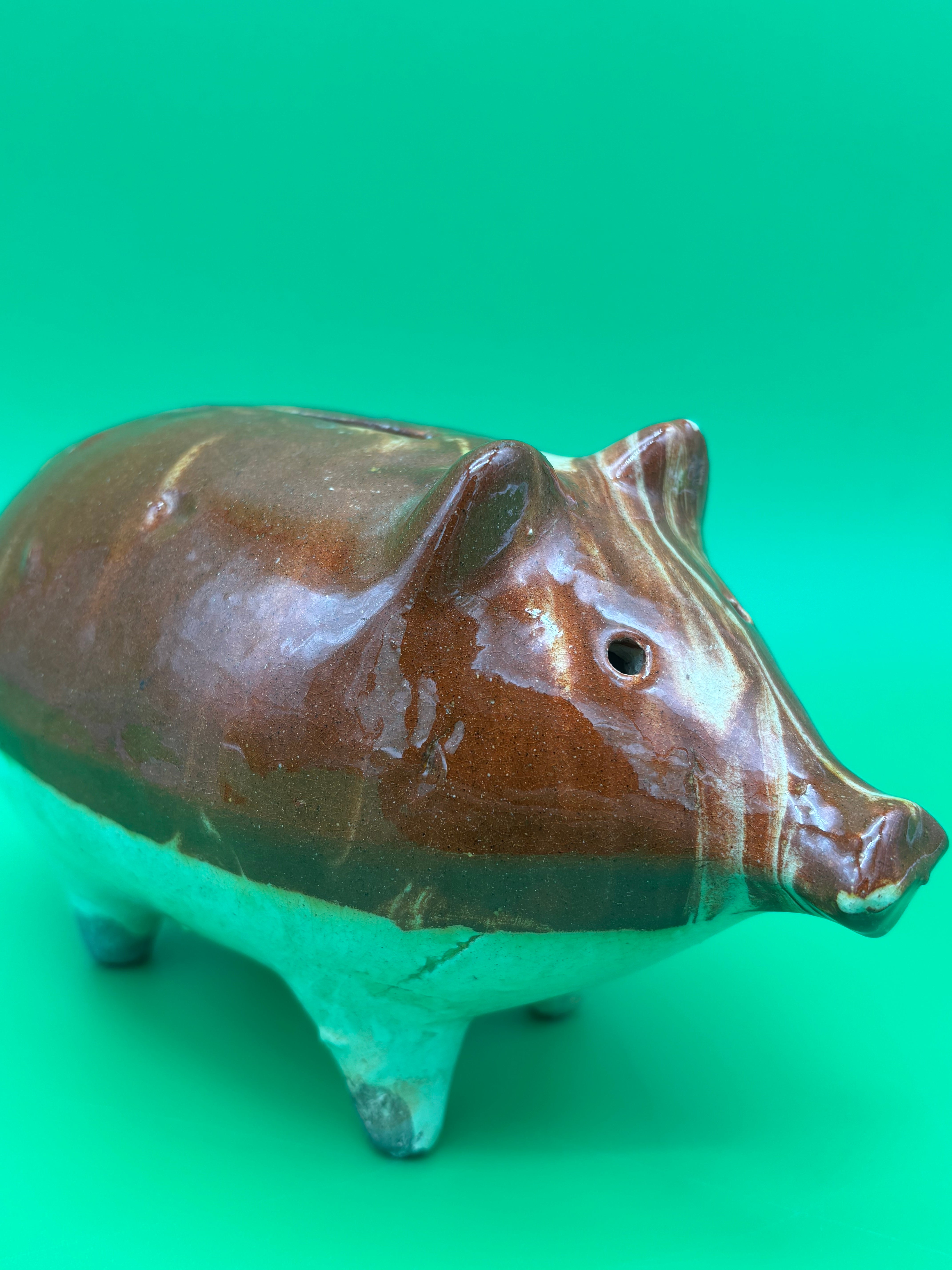 Antique Vintage Yellowware Piggy Bank Stoneware Mocha Drip Glaze