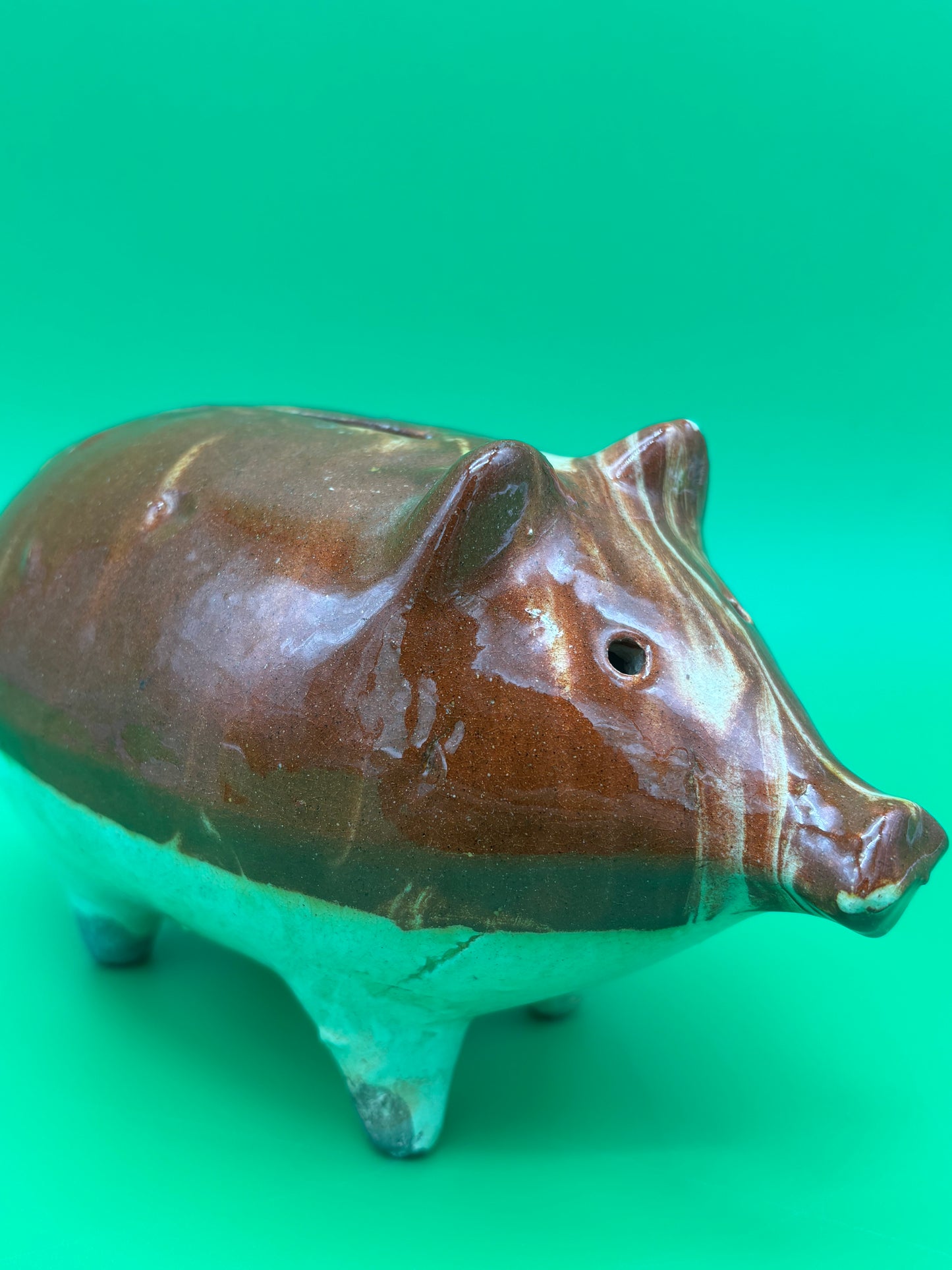 Antique Vintage Yellowware Piggy Bank Stoneware Mocha Drip Glaze Hole Eyes