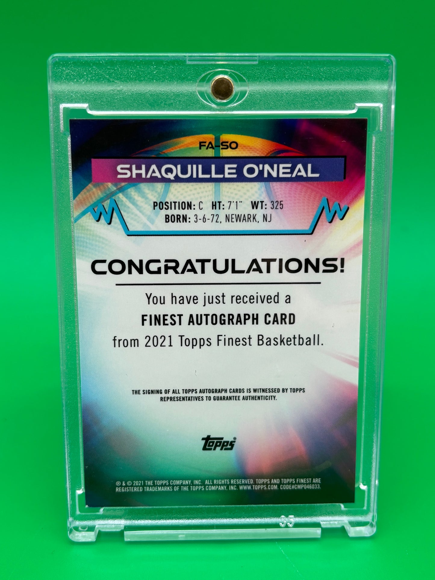 2021 Topps Finest Shaquille O’Neal Auto FA-SO On-Card Autograph Shaq HOF