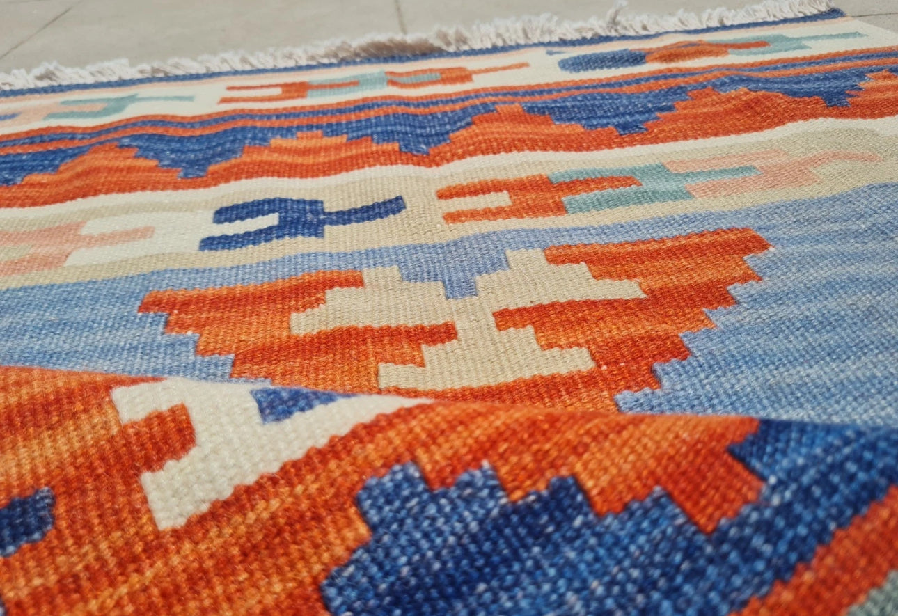 Vintage Hand Knotted Shiraz Kilim Wool Area Rug 2.9 x 2.1 Ft Blue Orange Persian Style