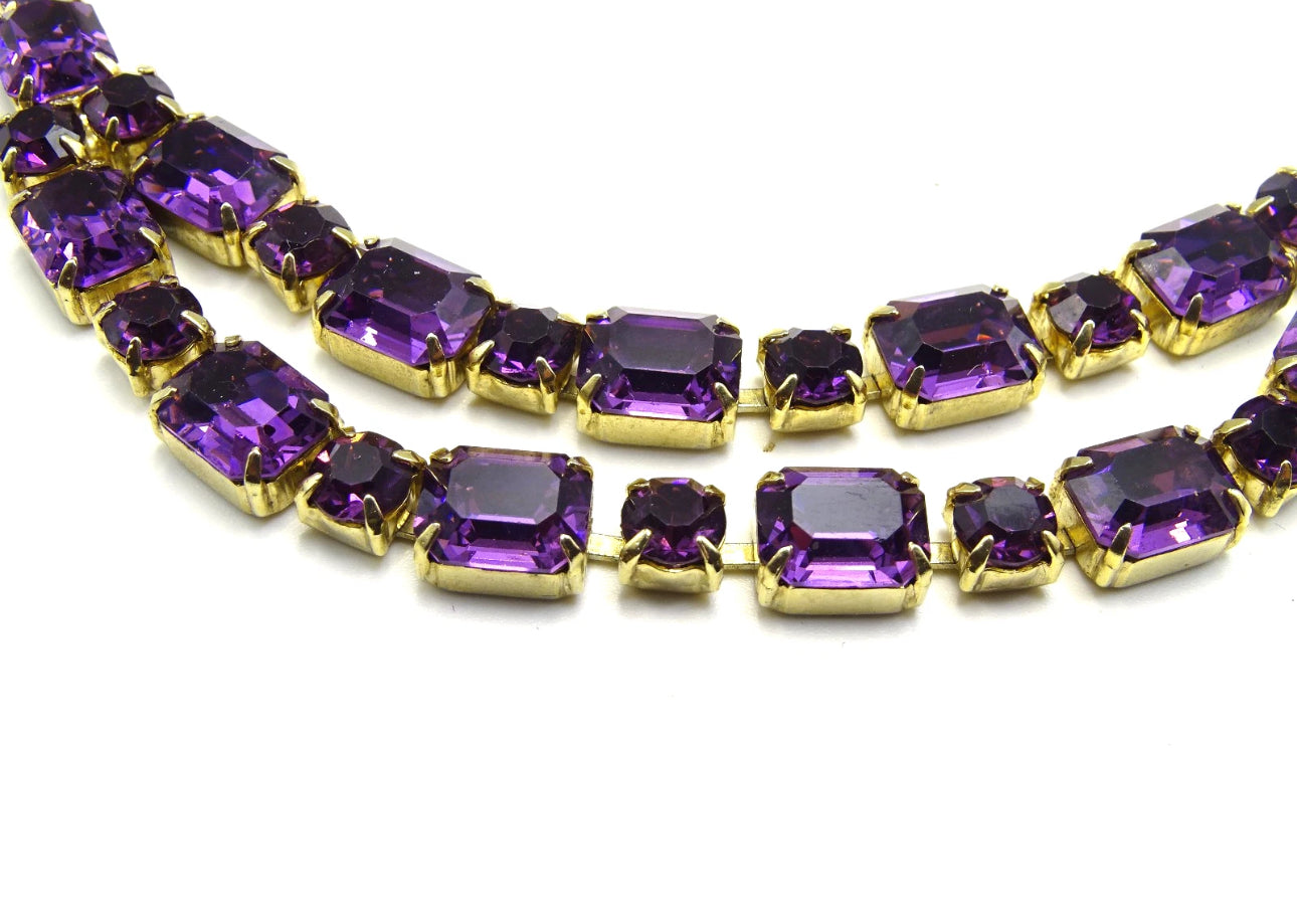 Vintage Purple Amethyst Rhinestone Crystal Costume Jewelry Necklace Art Deco Style