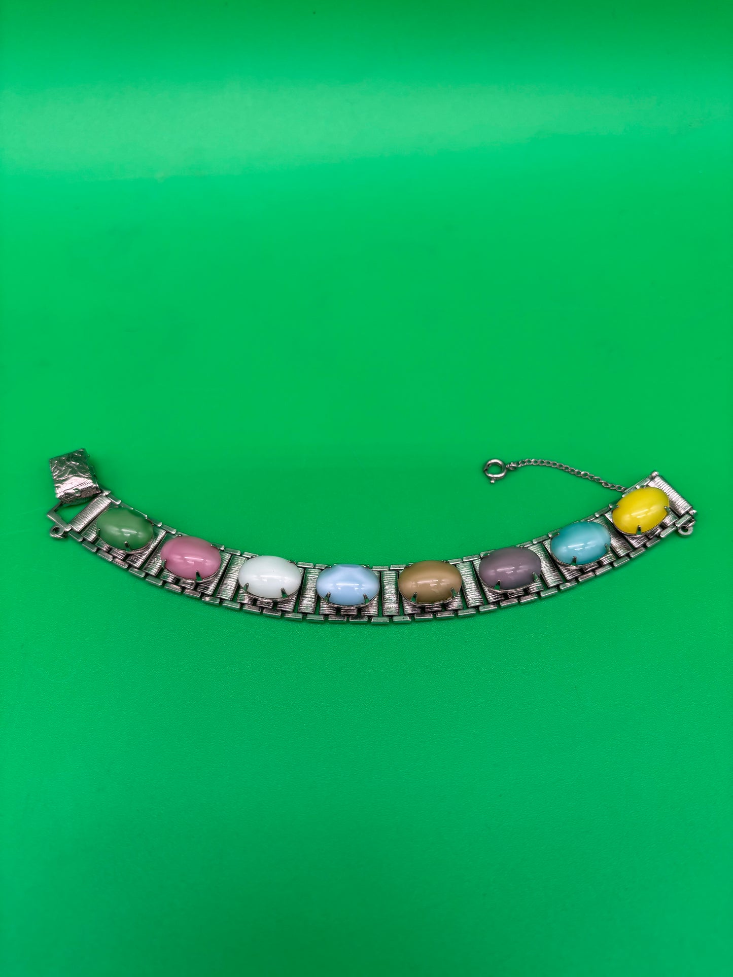 Vintage Sarah Coventry MCM Multi Color Glass Cabochon Panel Bracelet 7.5”