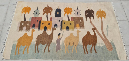 Rare Hand Knotted Vintage Bulgaria Pictorial Wool Kilim Area Rug Camel Village 4.3 x 2.6 Ft