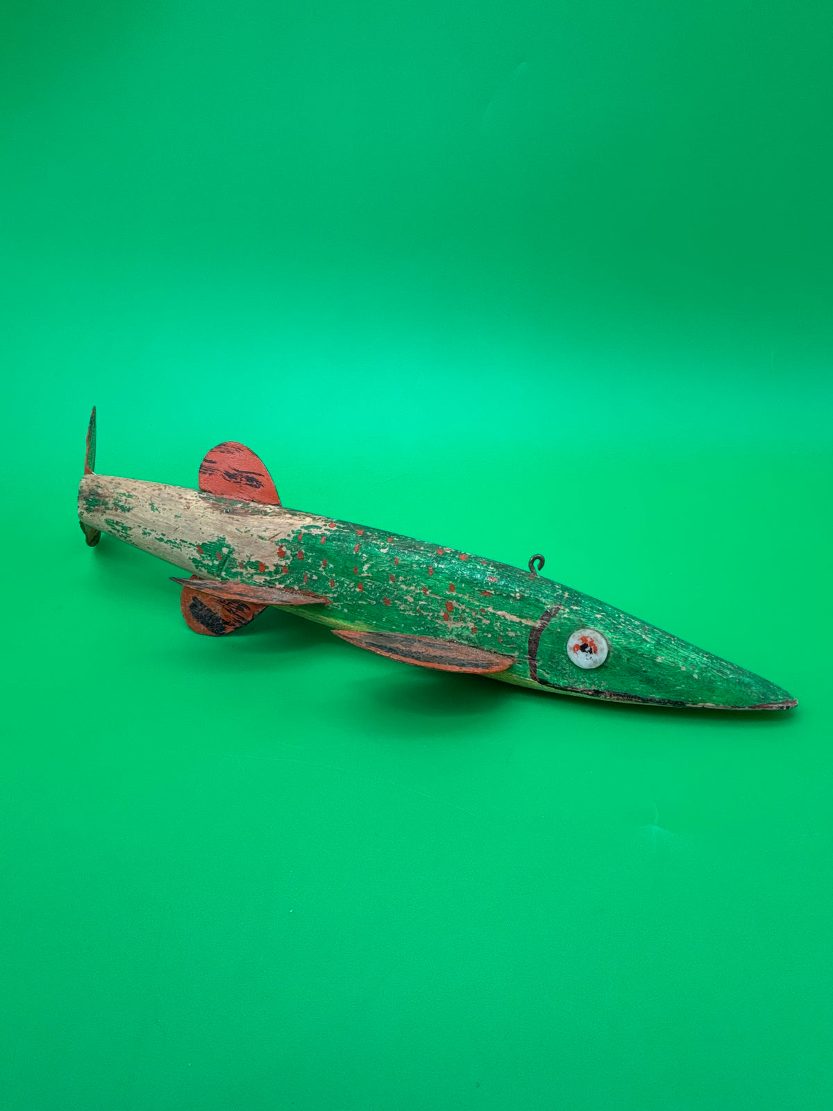 Vintage Folk Art Wooden Fish Spearing Decoy 12” Hand Carved Painted Metal Fins