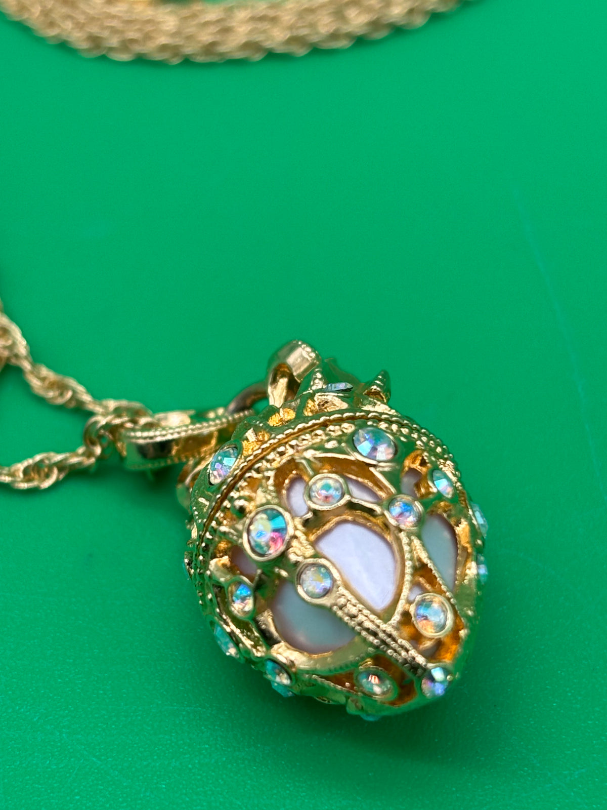 Vintage Joan Rivers Fabergé Egg Locket Necklace Gold Tone AB Rhinestones Signed