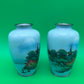 Pair Antique Japanese Musen Cloisonne Mt Fuji Pagoda Landscape Vases 4.5”
