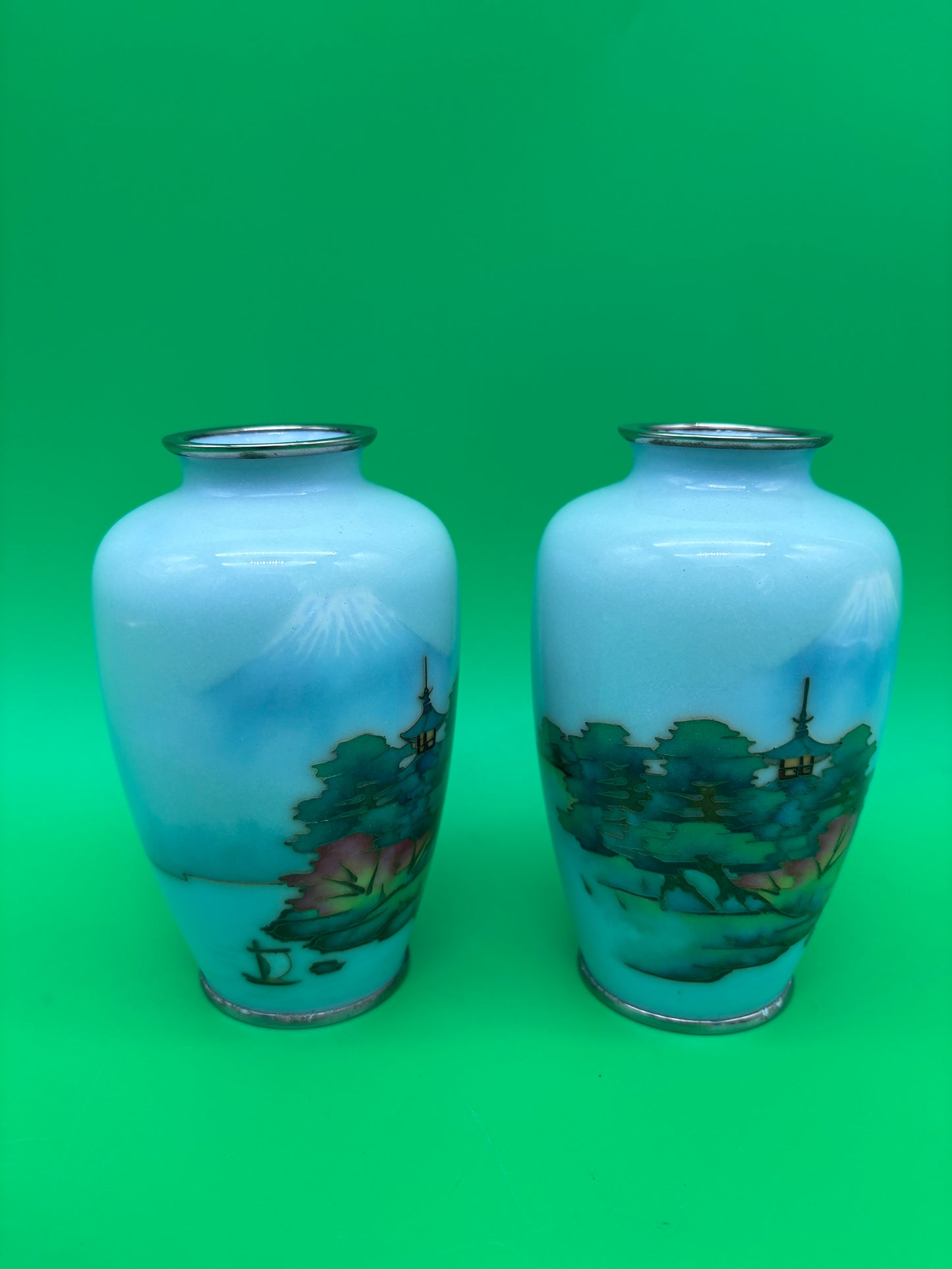 Pair Antique Japanese Musen Cloisonne Mt Fuji Pagoda Landscape Vases 4.5”