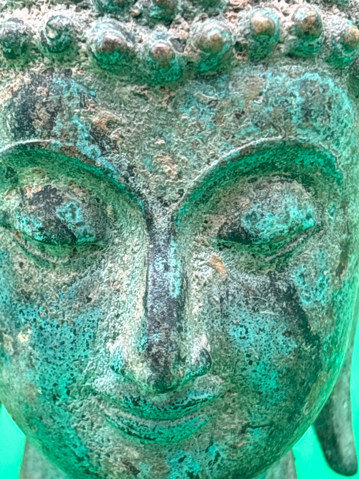 Vintage Thai Bronze Buddha Head Sculpture Flame Ushnisha Patina Wood Stand