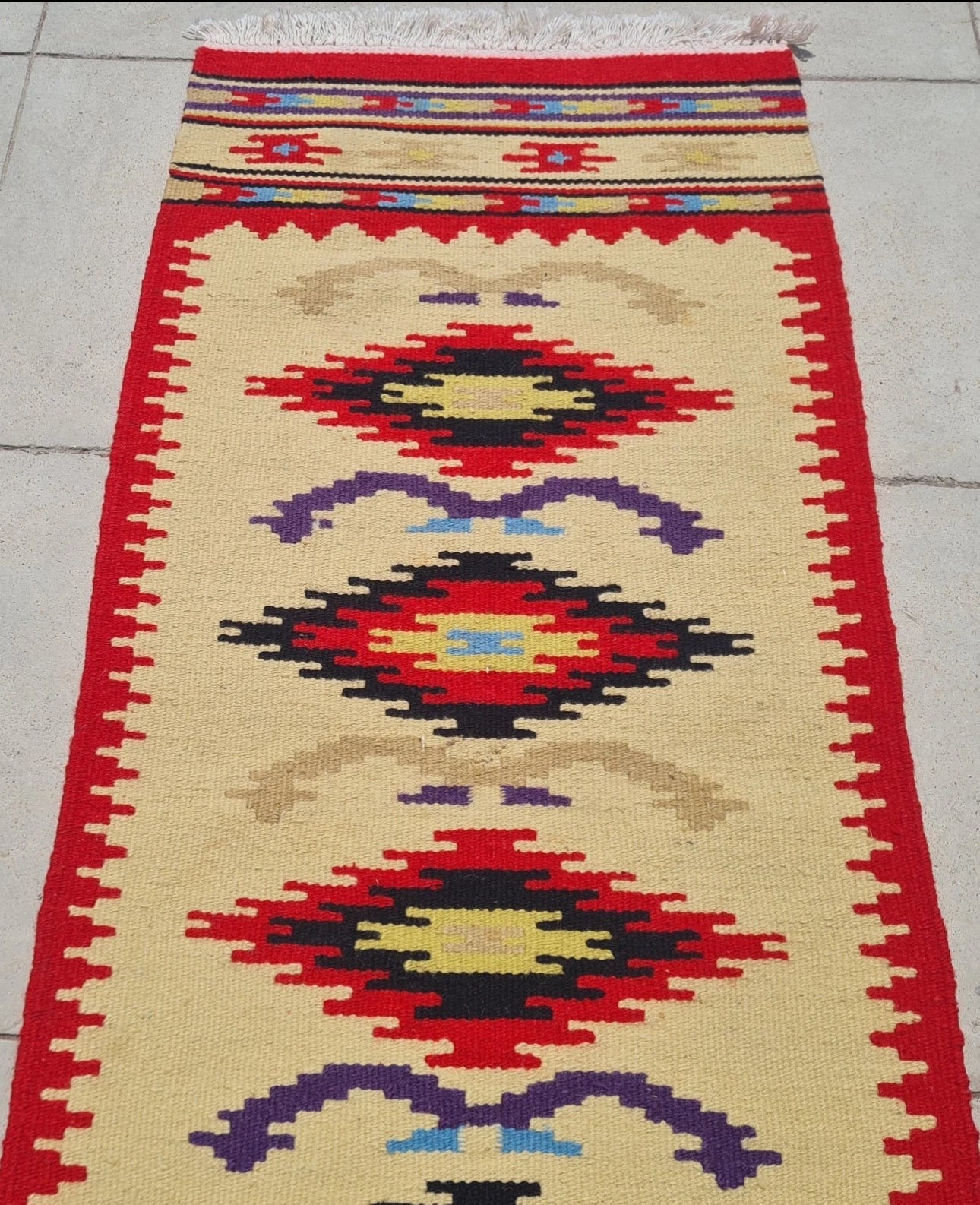 Vintage Southwestern Wool Runner Rug Navajo Style Handwoven Red Cream Tribal Hallway Rug 3.3’ x 1.4’