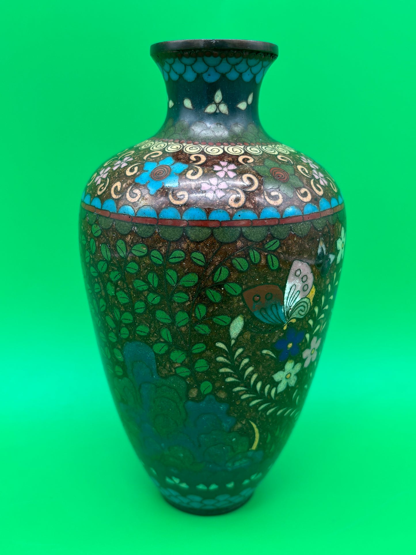 Antique Meiji Japanese Goldstone Cloisonne Butterfly Floral Vase 7 1/4”