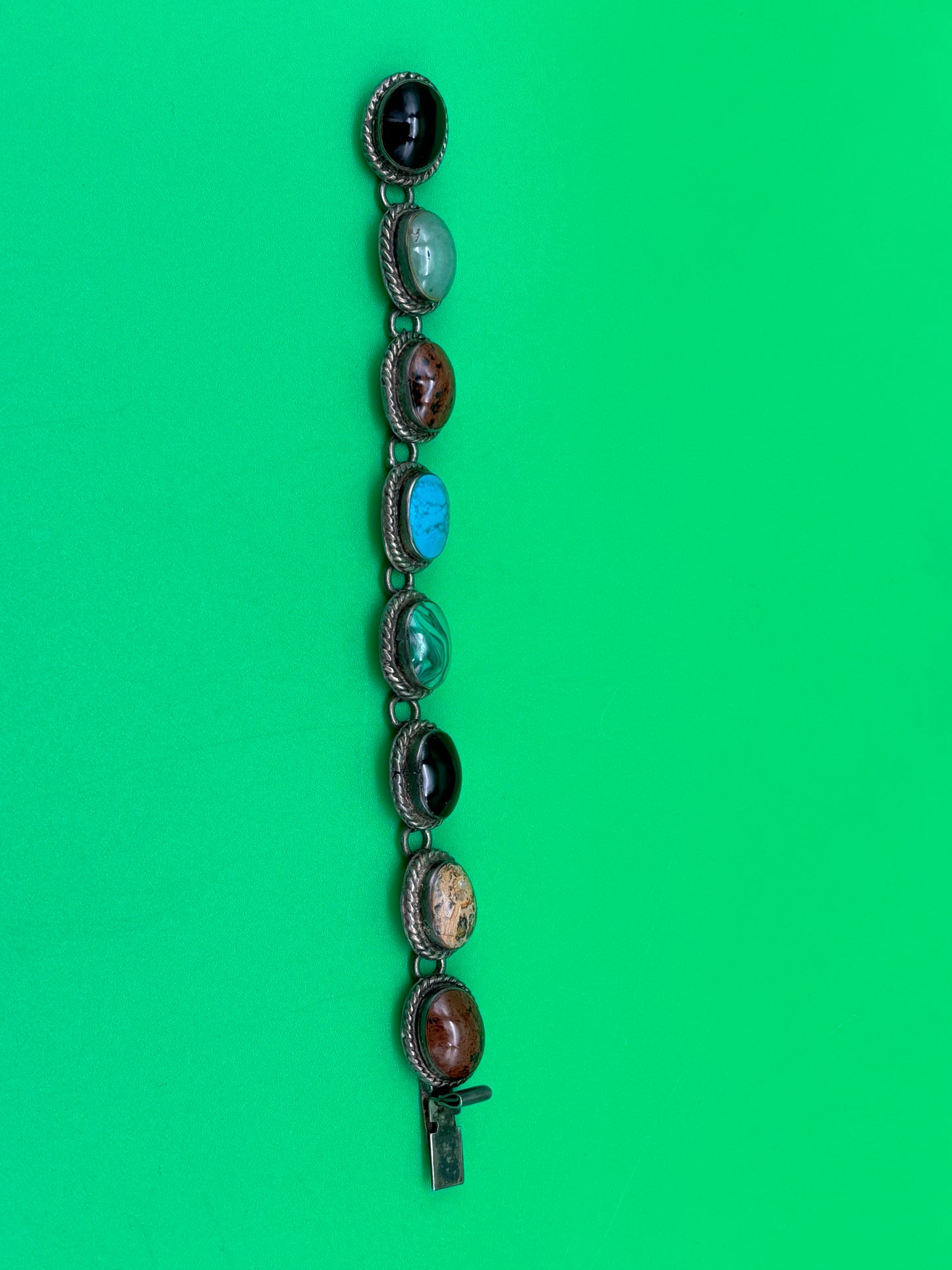 Vintage Taxco Mexico Sterling Silver Multi Stone Bracelet 925 TA-95 58g