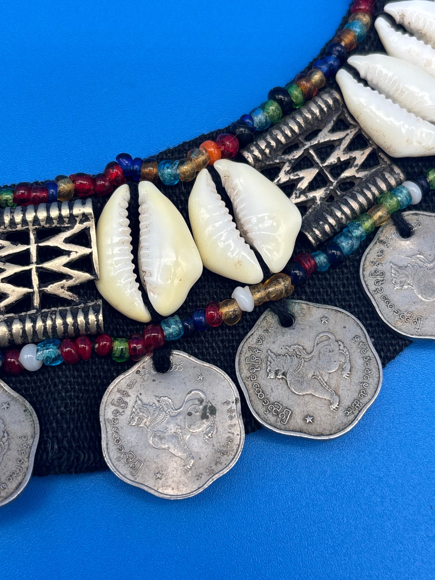 Vintage HUGE Tribal Bib Necklace Cowrie Shells Beads Myanmar Coins Boho Statement