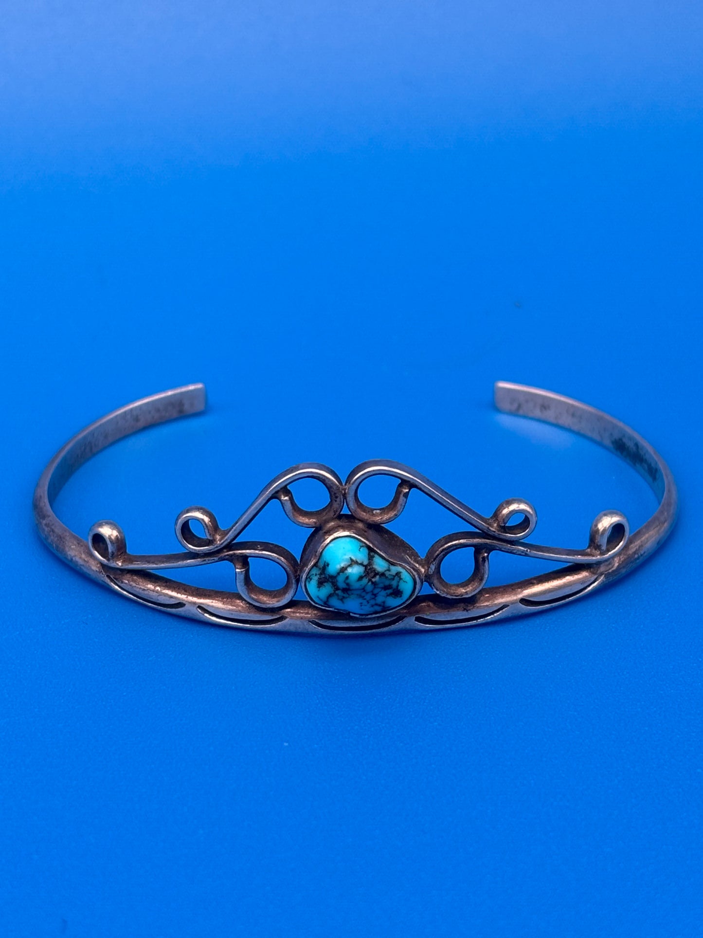 Vintage Sterling Silver Turquoise Cuff Bracelet Openwork Southwestern Design