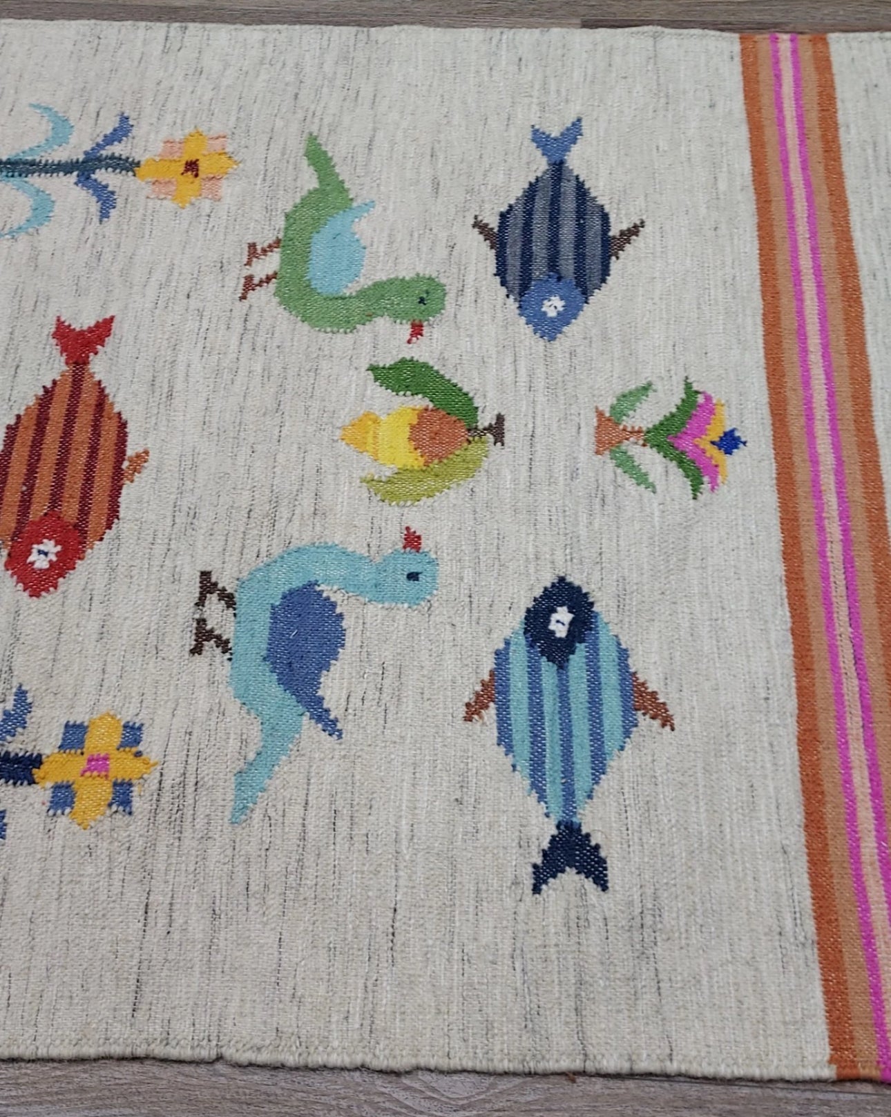 Vintage Turkish Bohemian Rug Tree of Life Fish Design Handmade 4x6 Ft Flatweave Kilim