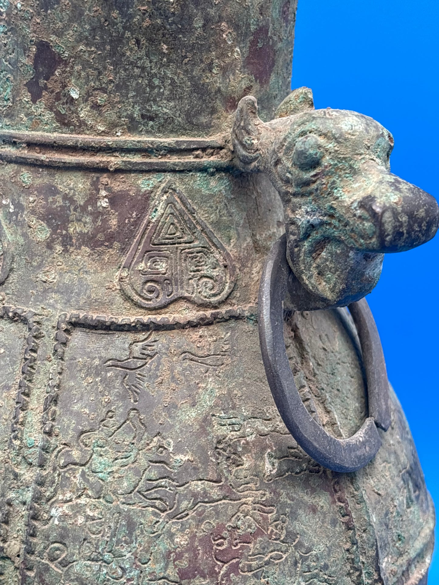 Chinese Archaistic Bronze Hu Vase Elephant Head Ring Handles Figural 11”