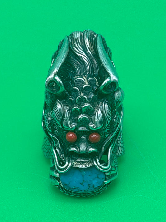 Vintage Tibetan Dragon Ring Turquoise Coral Silver Tone Asian Chinese Statement