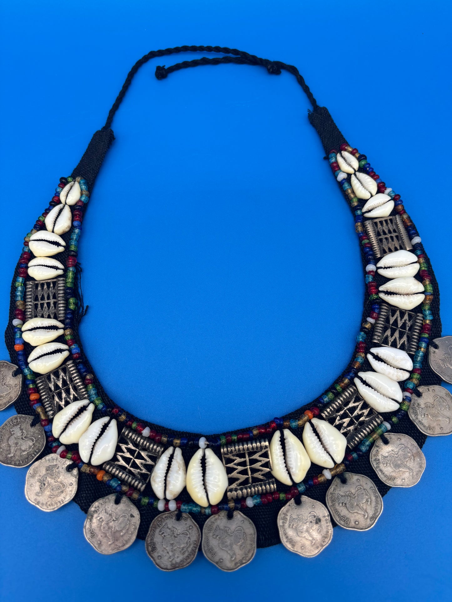 Vintage HUGE Tribal Bib Necklace Cowrie Shells Beads Myanmar Coins Boho Statement
