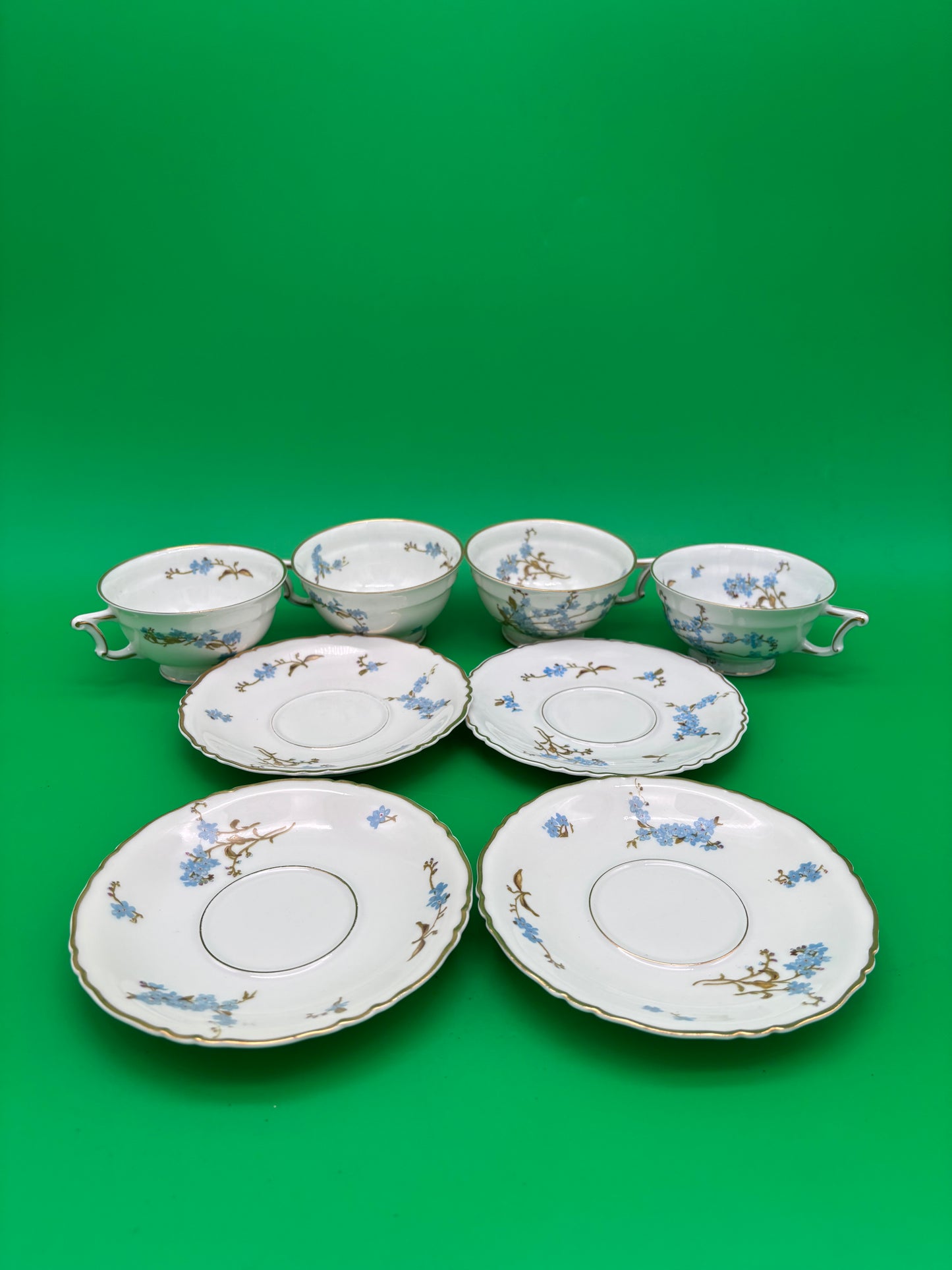 Antique Haviland Limoges France Tea Cup & Saucer Set – Blue Floral, Gold Trim (8-Piece Set)