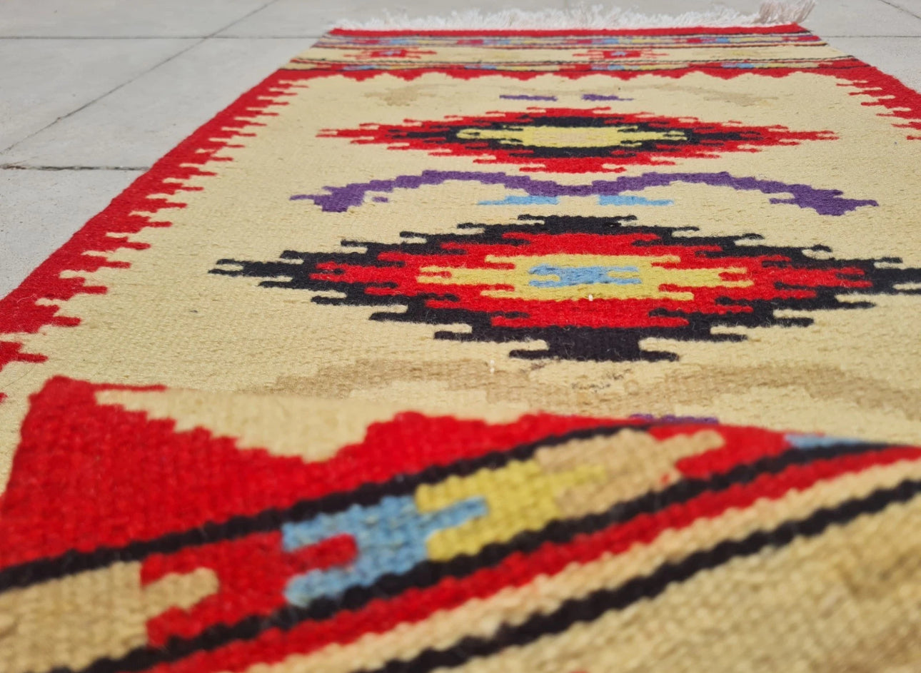 Vintage Southwestern Wool Runner Rug Navajo Style Handwoven Red Cream Tribal Hallway Rug 3.3’ x 1.4’