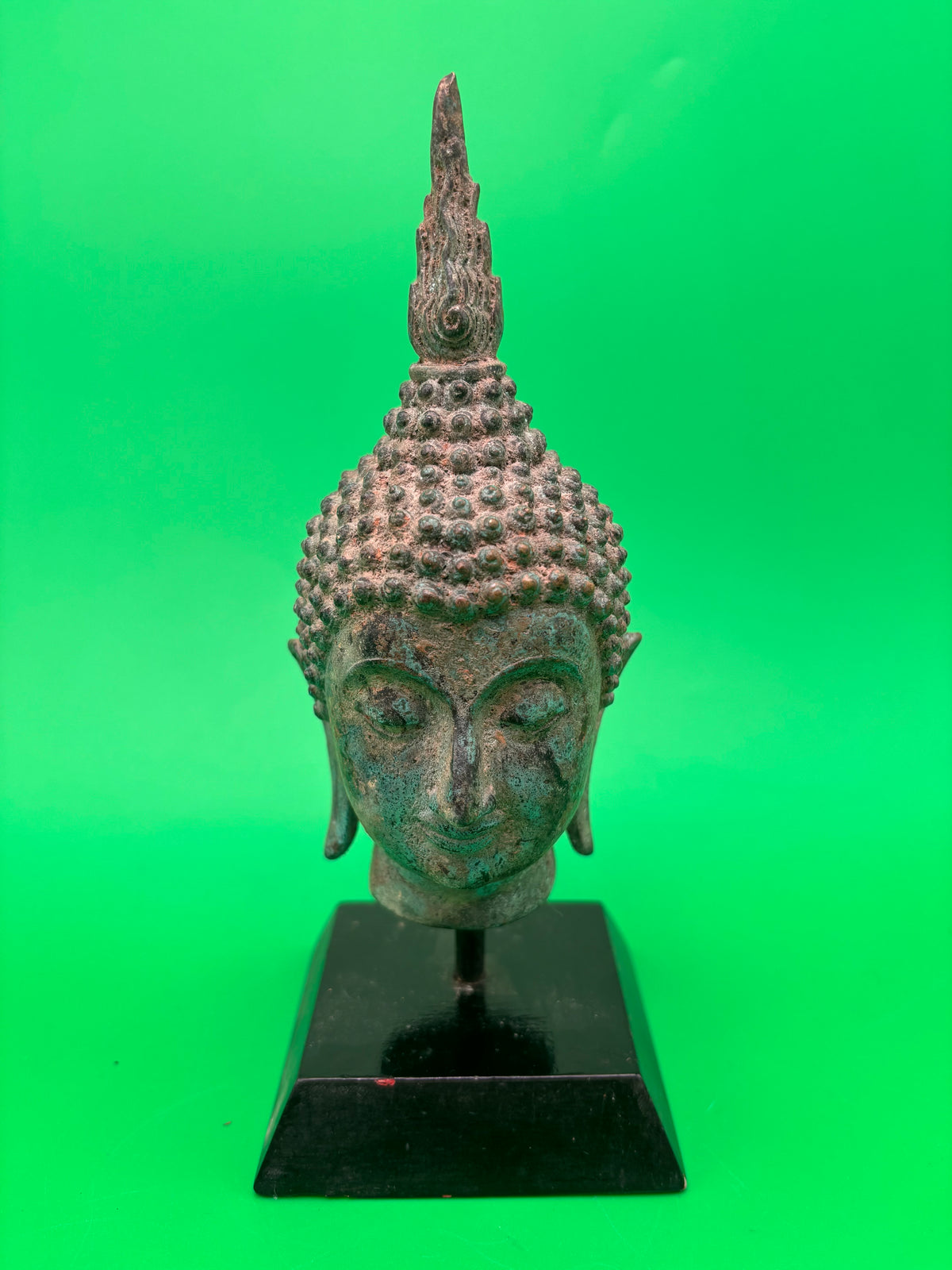 Vintage Thai Bronze Buddha Head Sculpture Flame Ushnisha Patina Wood Stand
