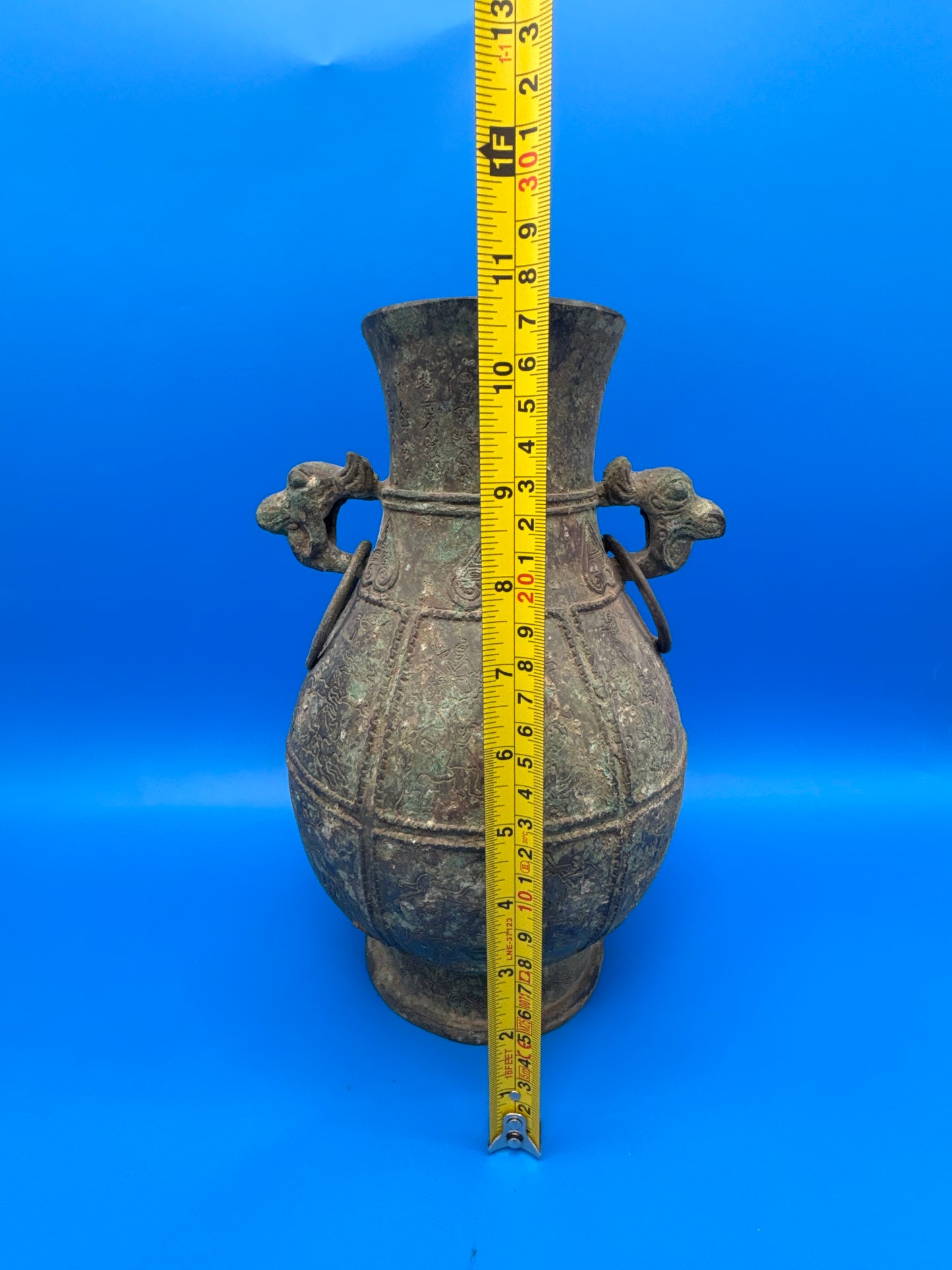 Chinese Archaistic Bronze Hu Vase Elephant Head Ring Handles Figural 11”