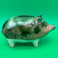 Antique Yellowware Piggy Bank Green Drip Glaze Hole Eyes Pottery Still Bank 6.5”