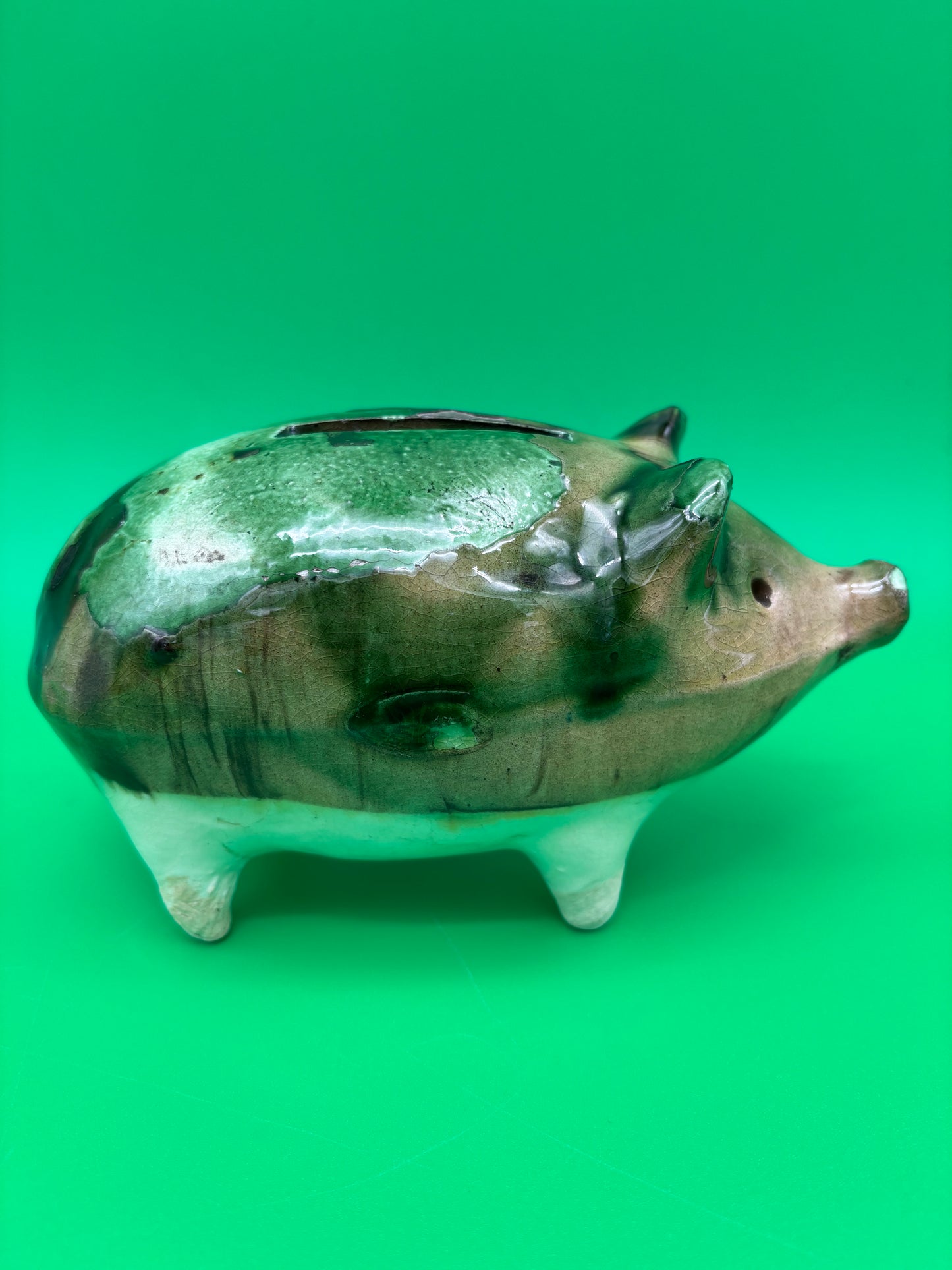Antique Yellowware Piggy Bank Green Drip Glaze Hole Eyes Pottery Still Bank 6.5”