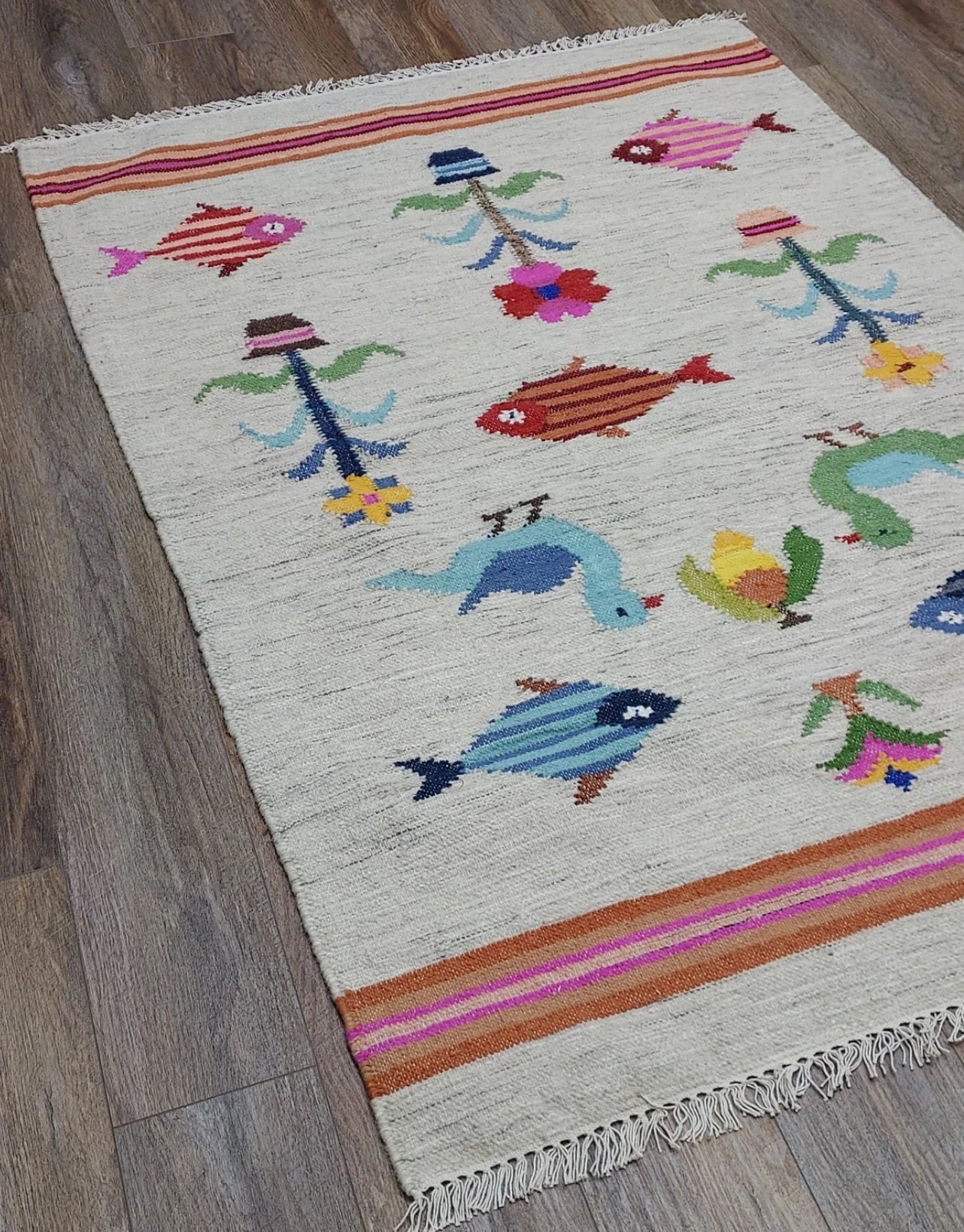 Vintage Turkish Bohemian Rug Tree of Life Fish Design Handmade 4x6 Ft Flatweave Kilim