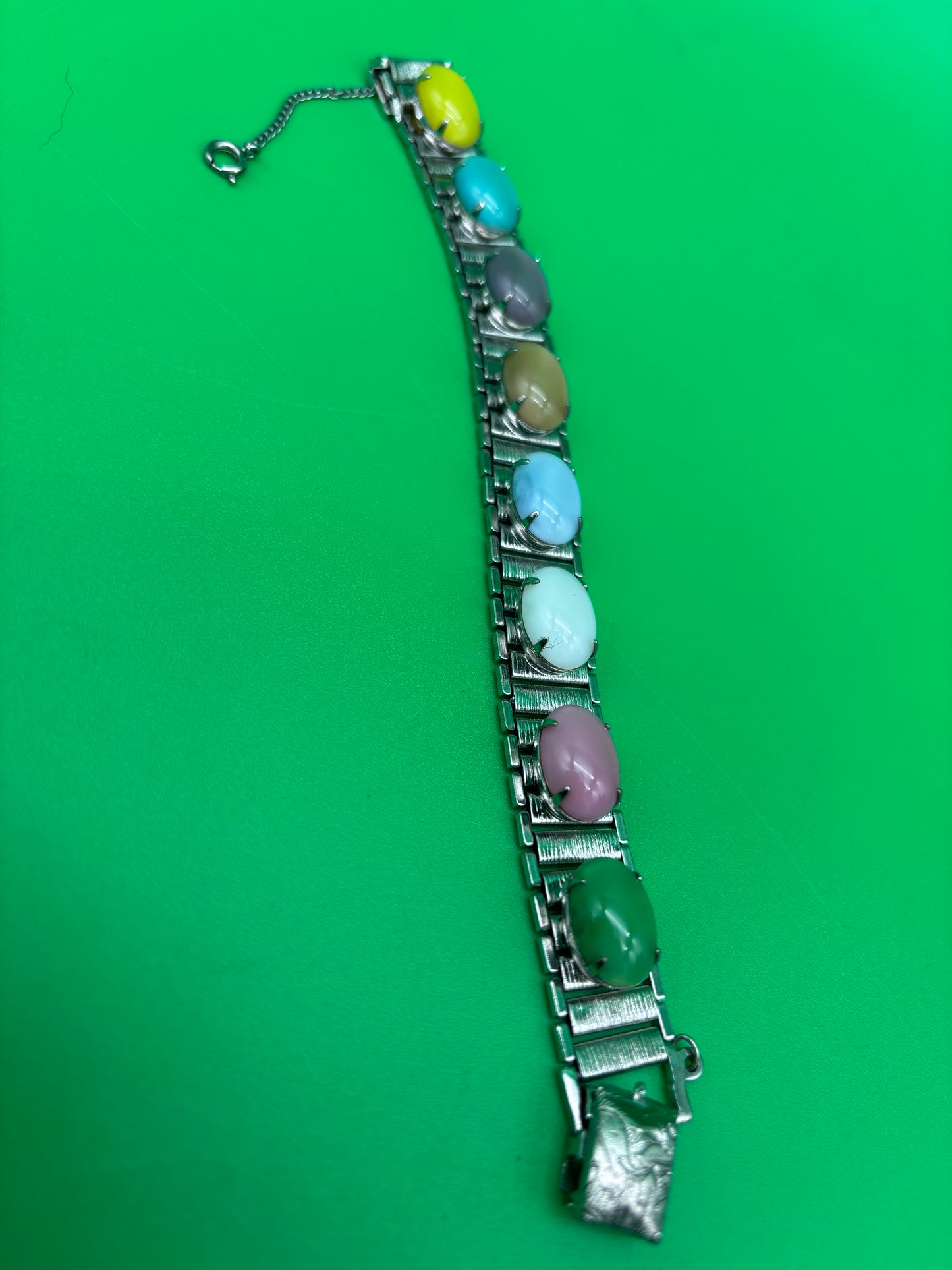 Vintage Sarah Coventry MCM Multi Color Glass Cabochon Panel Bracelet 7.5”