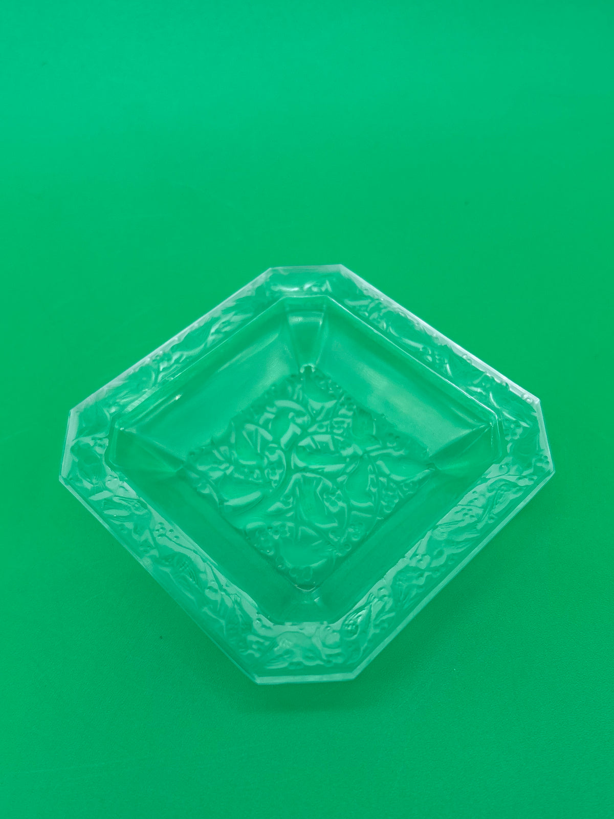 Vintage Clear Pressed Glass Ashtray Bird Berry Motif Square Trinket Dish 3.25”