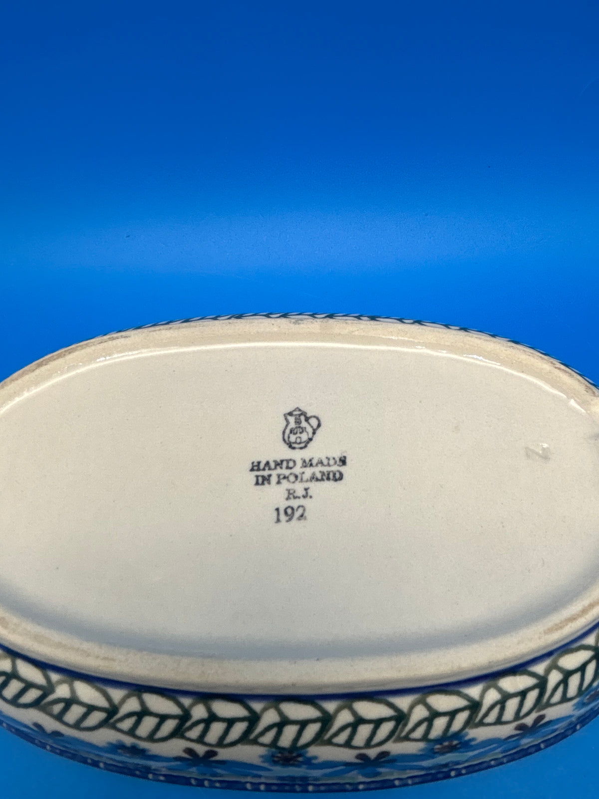 Boleslawiec Polish Pottery Oval Baker Dish Blue Green Floral #192 Poland 9”