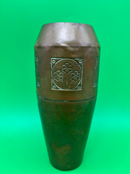 Antique German Jugendstil Hammered Copper Vase Floral Panels 8.25” Germany
