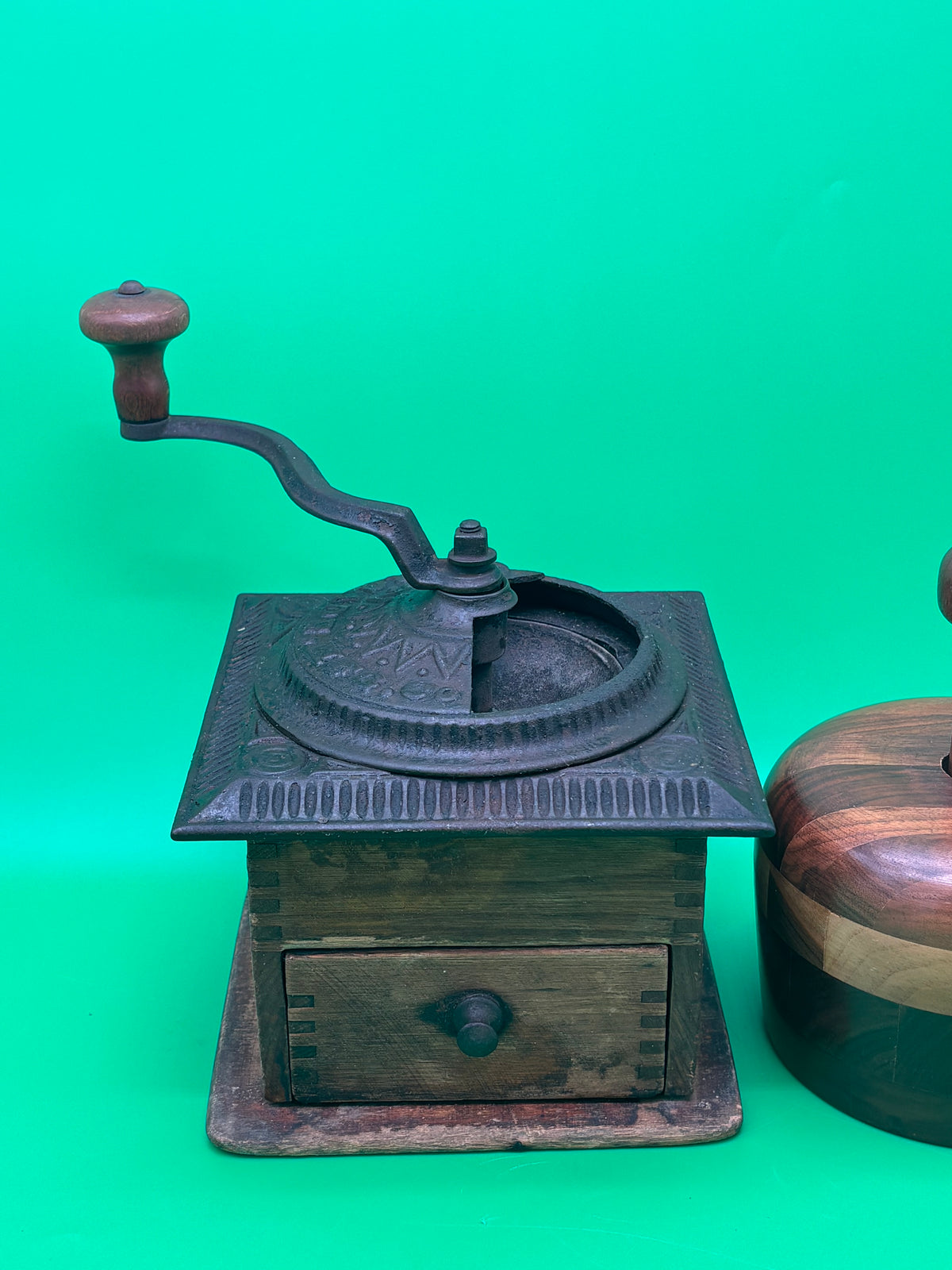Antique Peugeot Freres Coffee Grinder & Vintage Turned Wood Lidded Container Lot