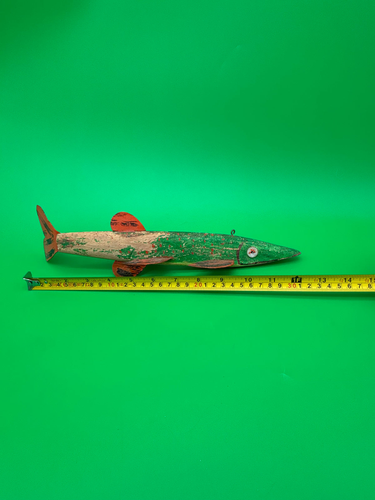 Vintage Folk Art Wooden Fish Spearing Decoy 12” Hand Carved Painted Metal Fins
