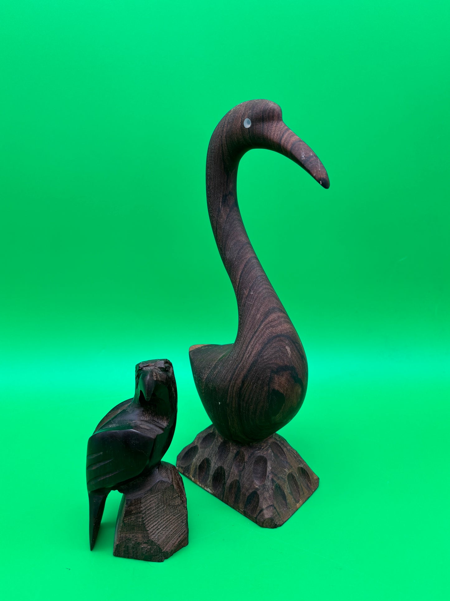 Vintage Carved Ironwood Bird Sculptures Lot of 2 Heron Eagle Folk Art MCM
