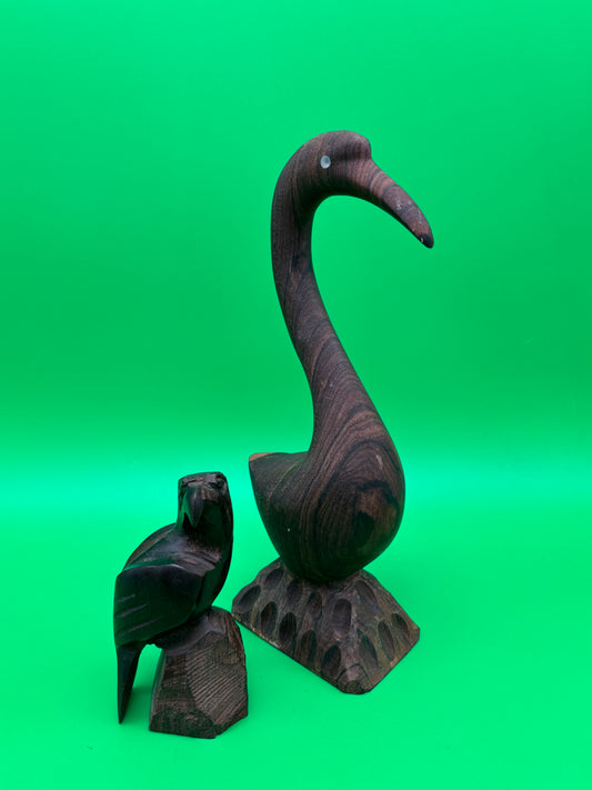 Vintage Carved Ironwood Bird Sculptures Lot of 2 Heron Eagle Folk Art MCM