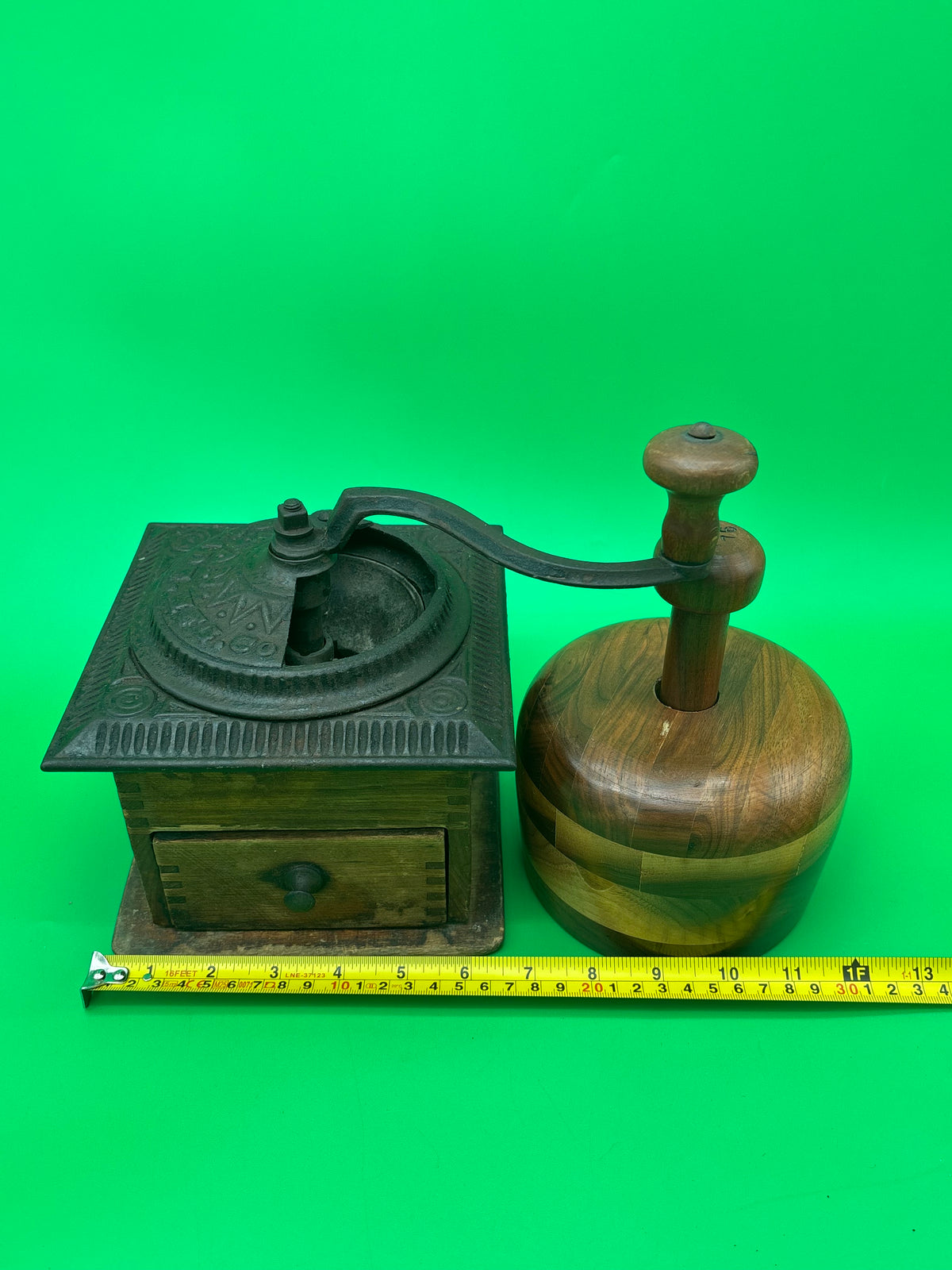 Antique Peugeot Freres Coffee Grinder & Vintage Turned Wood Lidded Container Lot