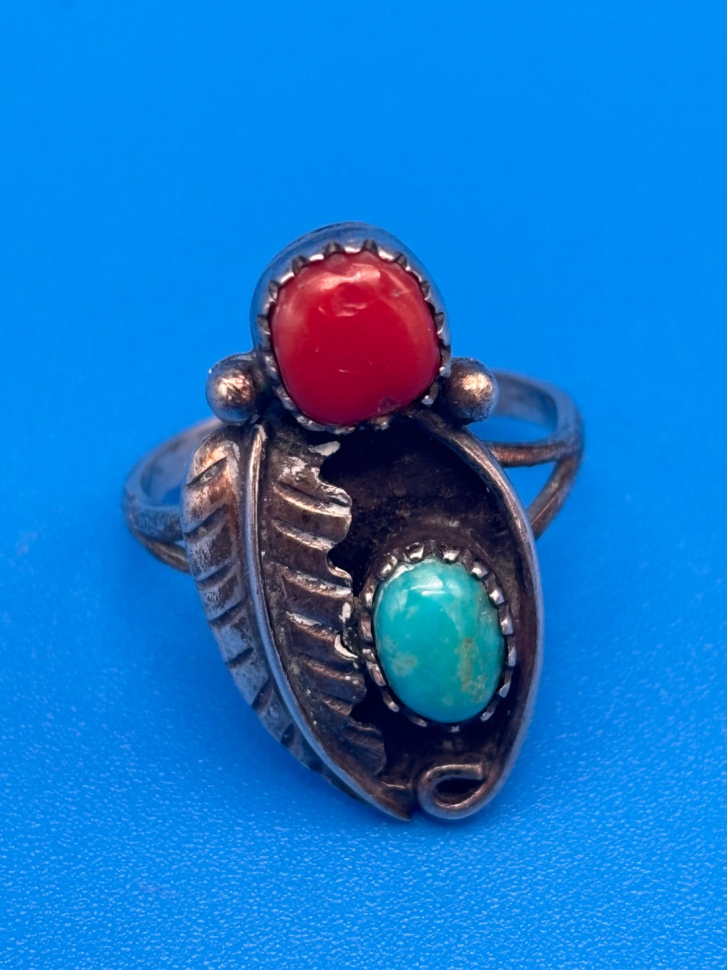 VTG Henry Mariano HM Navajo Sterling Silver Turquoise Coral Ring Size 8